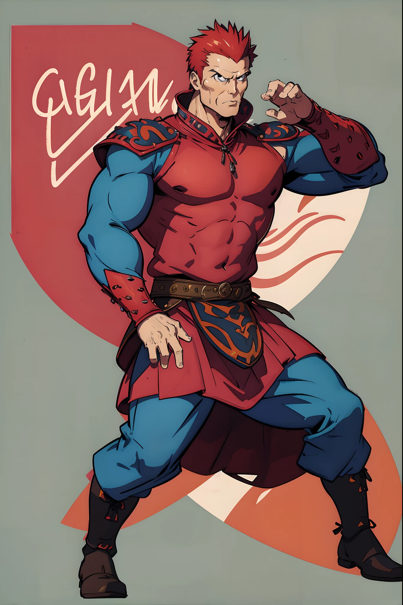 Captain_Pronin, 1man, highres, high quality, masterpiece, ultra-detailed, l manly,fantasy, pose, future,, full body, warrior, martial art, standing, pullover,barbarian, chinese cloths, pullover