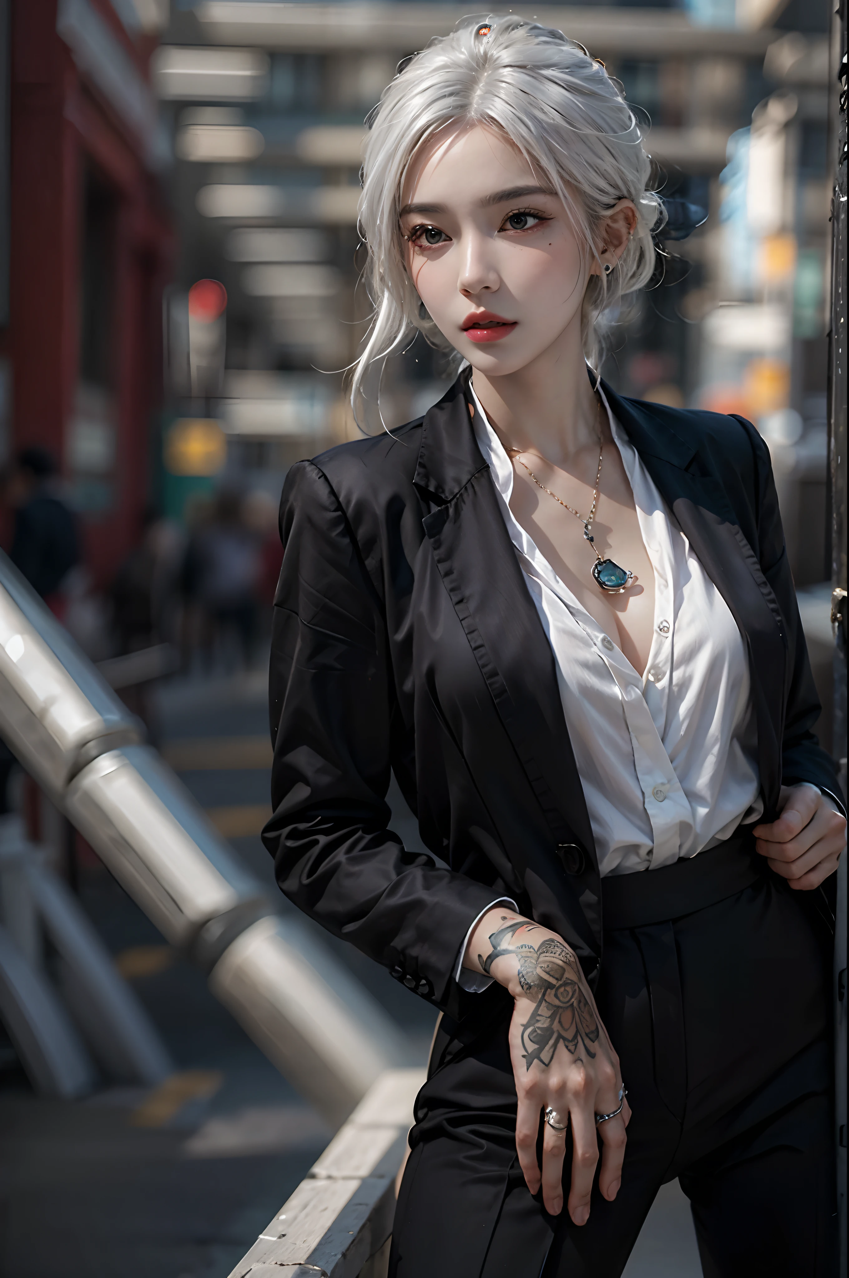 photorealistic, high resolution, 1women, solo, hips up, look at viewer, (detailed face), white hair, black business suit, mafia, tattoo, street, jewelry