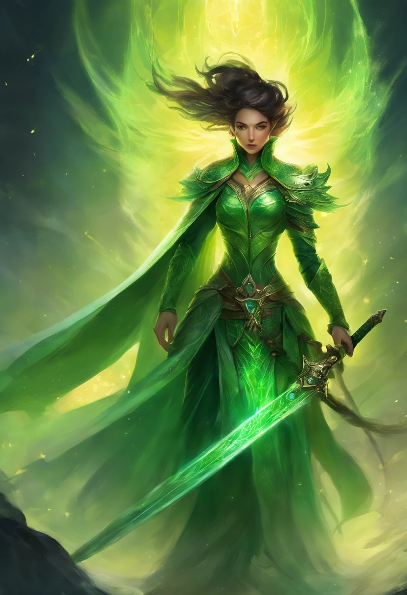 Radiant green sword. black background. Slight white smoke