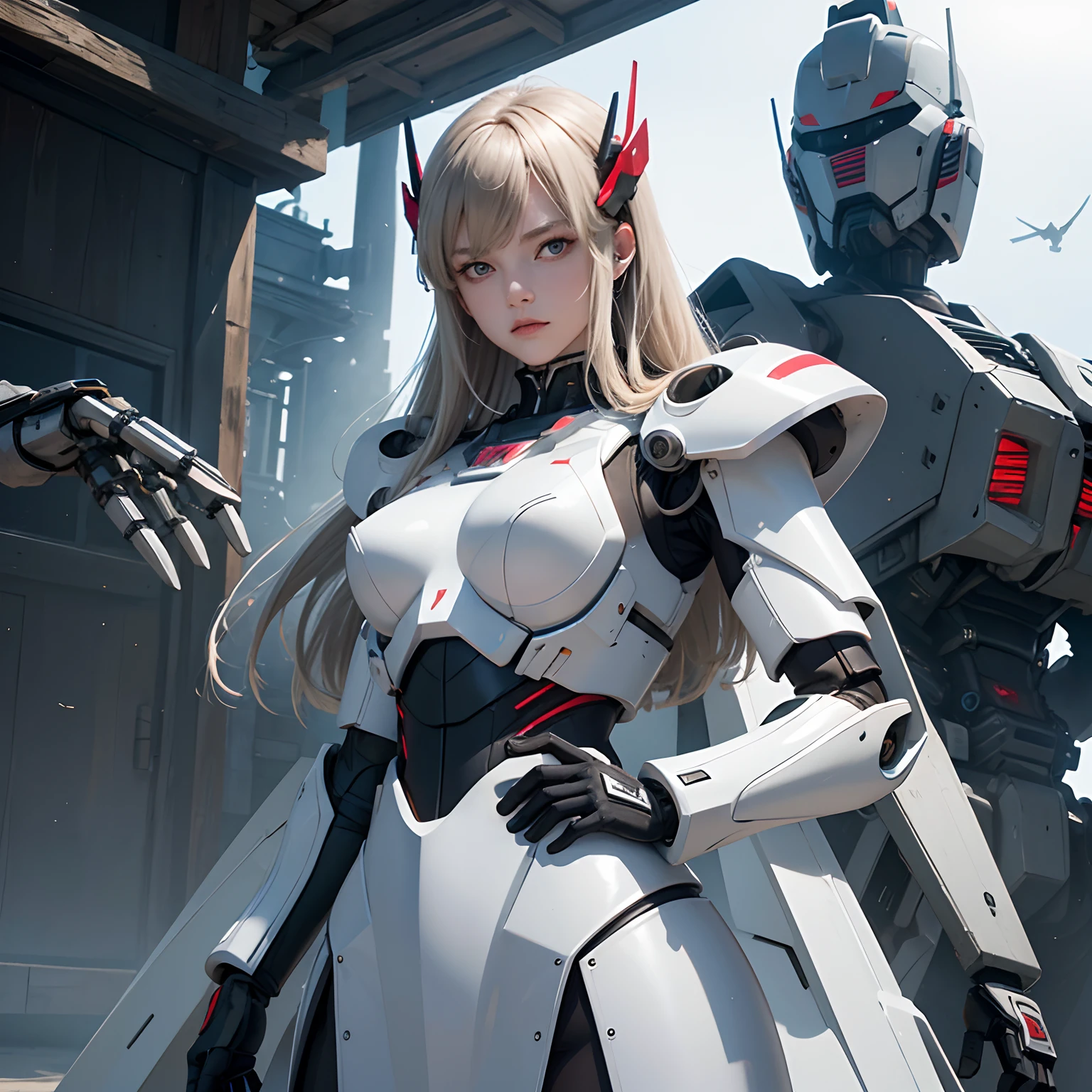 (Meisterwerk), (best quality), 8k resolution, RAW-Foto, realistisch, 1girls, Girl in exoskeleton, White Armor, mechanisch, breathtaking beauty, full entire body, Standing next to a large Gundam style robot, stand, Coole Pose