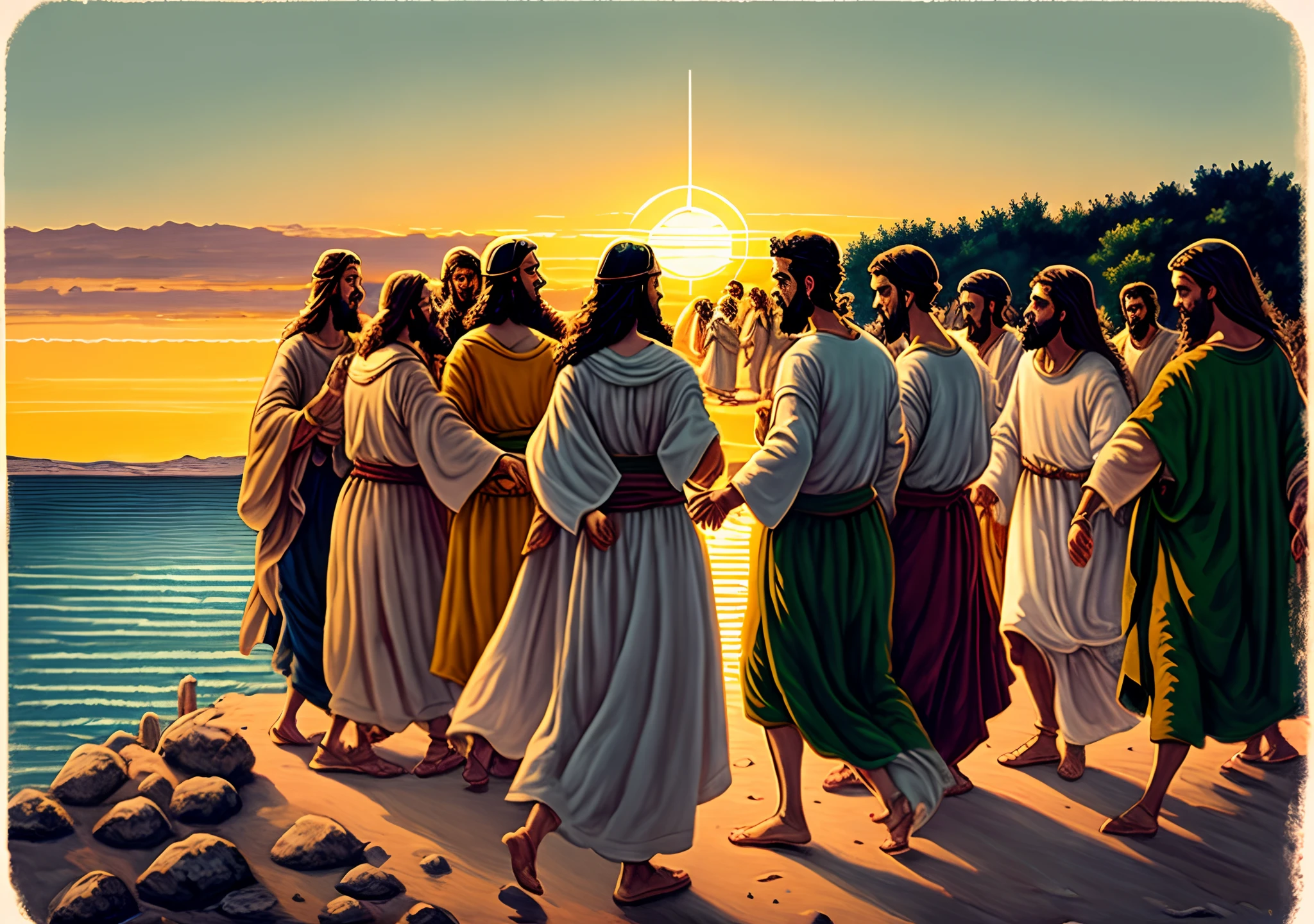 Scenery by the Sea of Galilee, with Jesus and his disciples. Jesus begins a graceful dance, and his disciples join, demonstrating a deep connection and mutual love as they dance at sunset. The scene celebrates their special relationship.