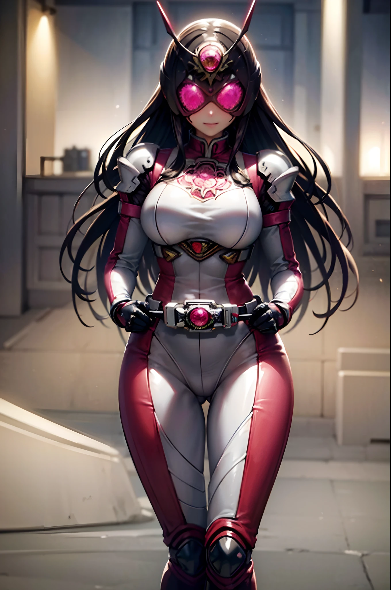 Pink model, beautiful face, skintight dress,, black hair, long hair, open helmet, in the style of kamen rider, long cape, pink cape, kamen, Ultra-realistic 8K CG, ((ultra-detailed background, delicate pattern, intricate details)), best quality, intricate details, 1girl, solo, (masterpiece:1.6, best quality), (masterpiece, best quality:1.2), 8k, insane details, intricate details, hyperdetailed, hyper quality, high detail, ultra detailed, professional, HDR, realistic, ray tracing reflection, cinematic lighting