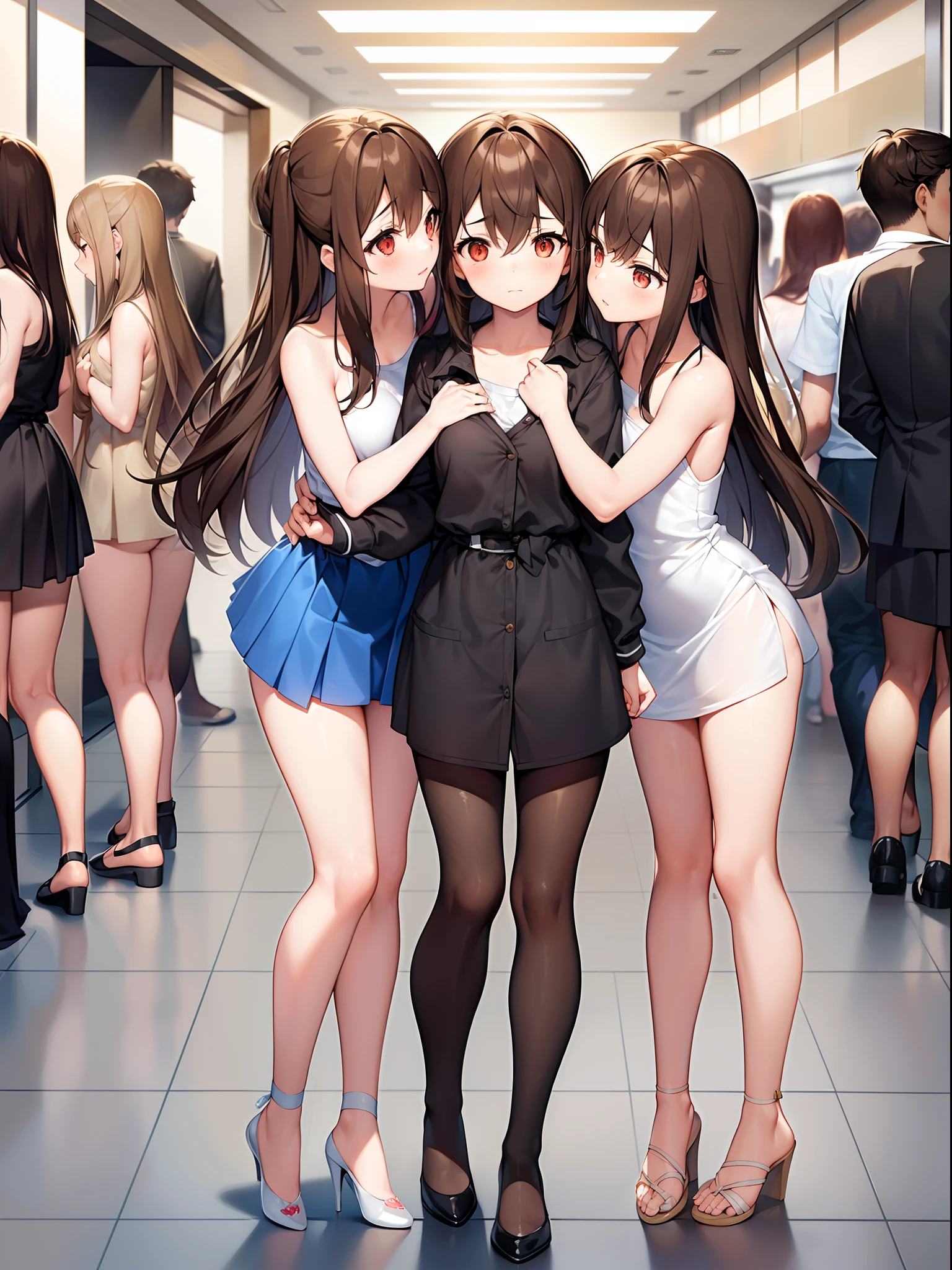 2 absolutely identical girls(Twins), Long disheveled brown thick hair below the waist;, 1 naked completely naked, completely naked, completely naked;;, Hugs and kisses, Mutual consent, Passionate French kiss, A girl loves a girl, , Standing in a crowded food court in the middle of a crowd of absolutely DRESSED schoolchildren looking at them with interest