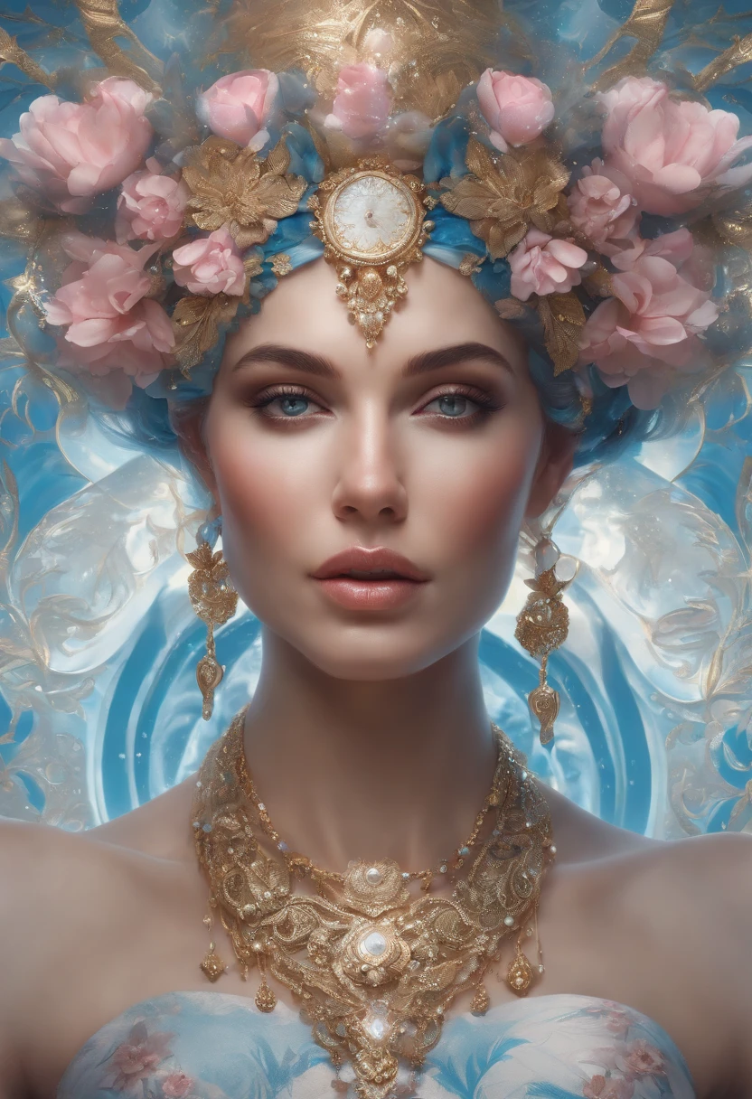 "portrait of a beautiful female goddess face made of porcelain, face painted with patterns of dusky pink, azure, white swirls, sparkles and golden rain, pretty facial features, chest, unreal motor, perfect legs, pretty outfit, stunning features, ink , splash art", Karol Bak, Royo, WLOP""head and shoulders portrait, 8k resolution concept art portrait by Greg Rutkowski, Artgerm, WLOP, Alphonse Mucha dynamic lighting hyperdetailed intricately detailed Splash art trending on Artstation triadic colors Unreal Engine 5 volumetric lighting"