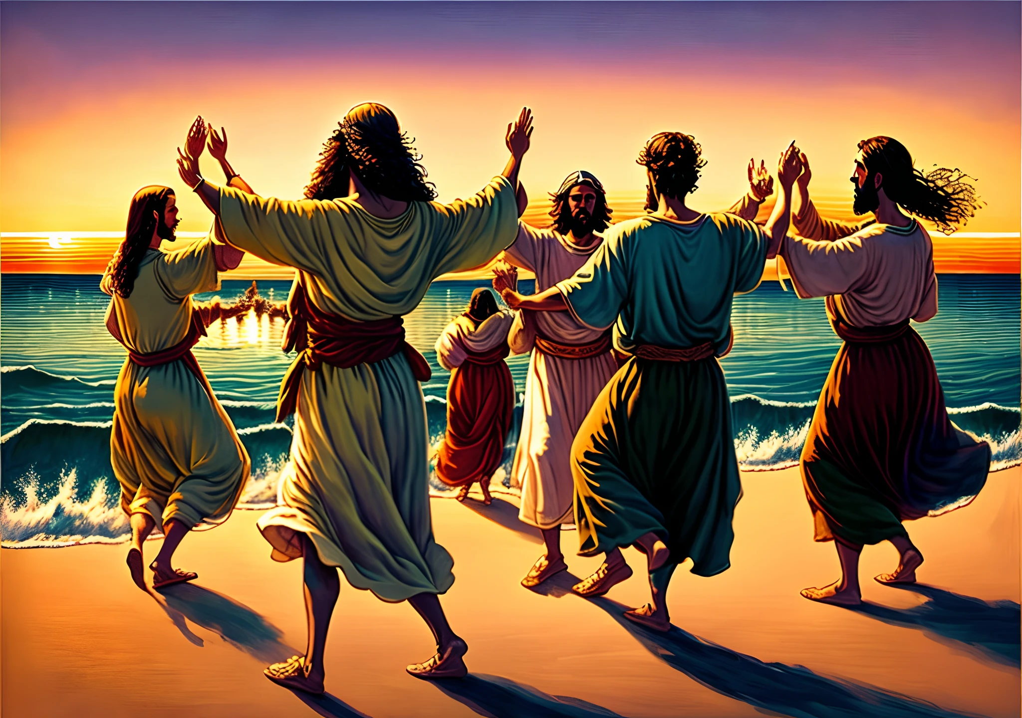 Scenery by the Sea of Galilee, with Jesus and his disciples. Jesus begins a graceful dance, and his disciples join, demonstrating a deep connection and mutual love as they dance at sunset. The scene celebrates their special relationship.