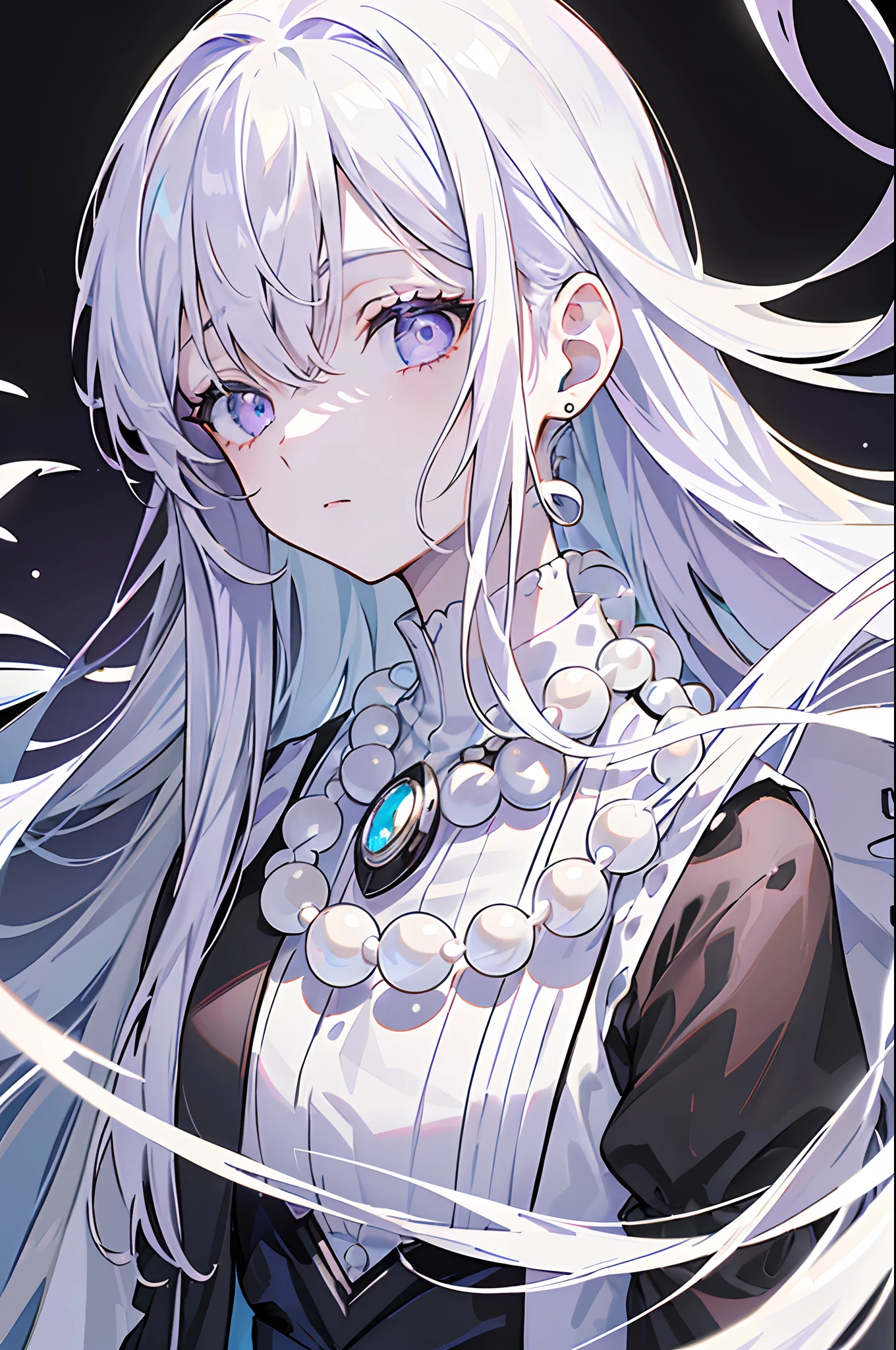 (Best quality, highest resolution, 8k, portrait, 1 girl, young girl, masterpiece, solo), white hair, long straight hair, (purple side_bangs), ((black fringes)), (violet eyes, expressionless face, oval head), big white pearls as accessories, white pearls necklace, intricate white robe, marble ruins in background, shades of grey and azure
