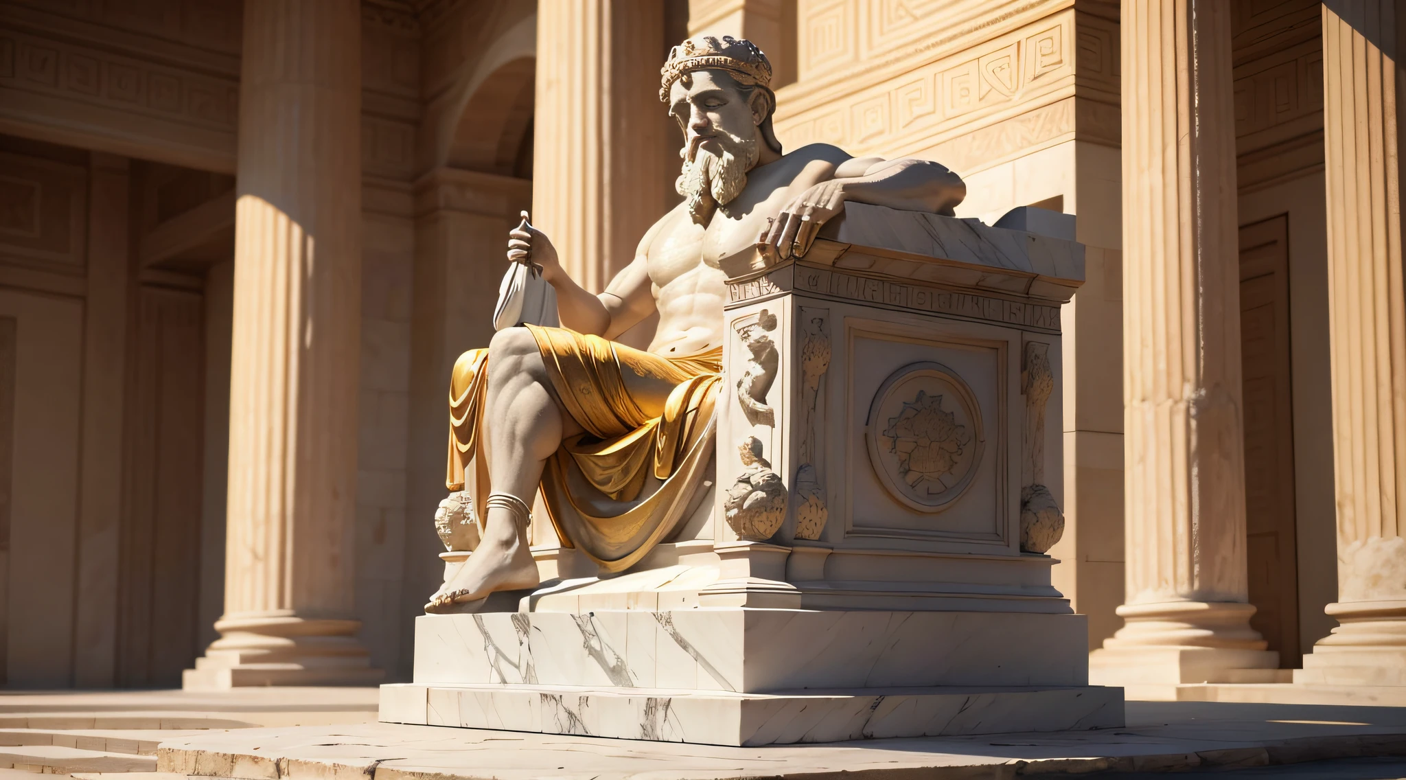 Statue of ancient Greek philosopher,moedas de ouro espalhadas,ultra-detalhado,master part:1.2,vivid colors,marble texture,meticulously carved features,symbols of philosophy,acabamento em pedra envelhecida,soft natural lighting,Roman architectural background,Pilares,realistic depth perception,eye catching composition