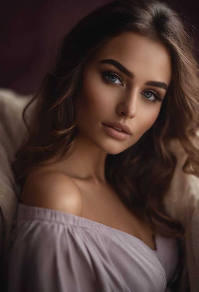 Arafed woman completely , fille sexy aux yeux bruns, ultra realist, Meticulously detailed, Portrait Sophie Mudd, cheveux bruns et grands yeux, selfie of a young woman, Dubai Eyes, Violet Myers, sans maquillage, maquillage naturel, looking straight at camera, Visage avec Artgram, Maquillage subtil, Great photo of the whole body kneeling on the couch, au salon, Medium to large bust