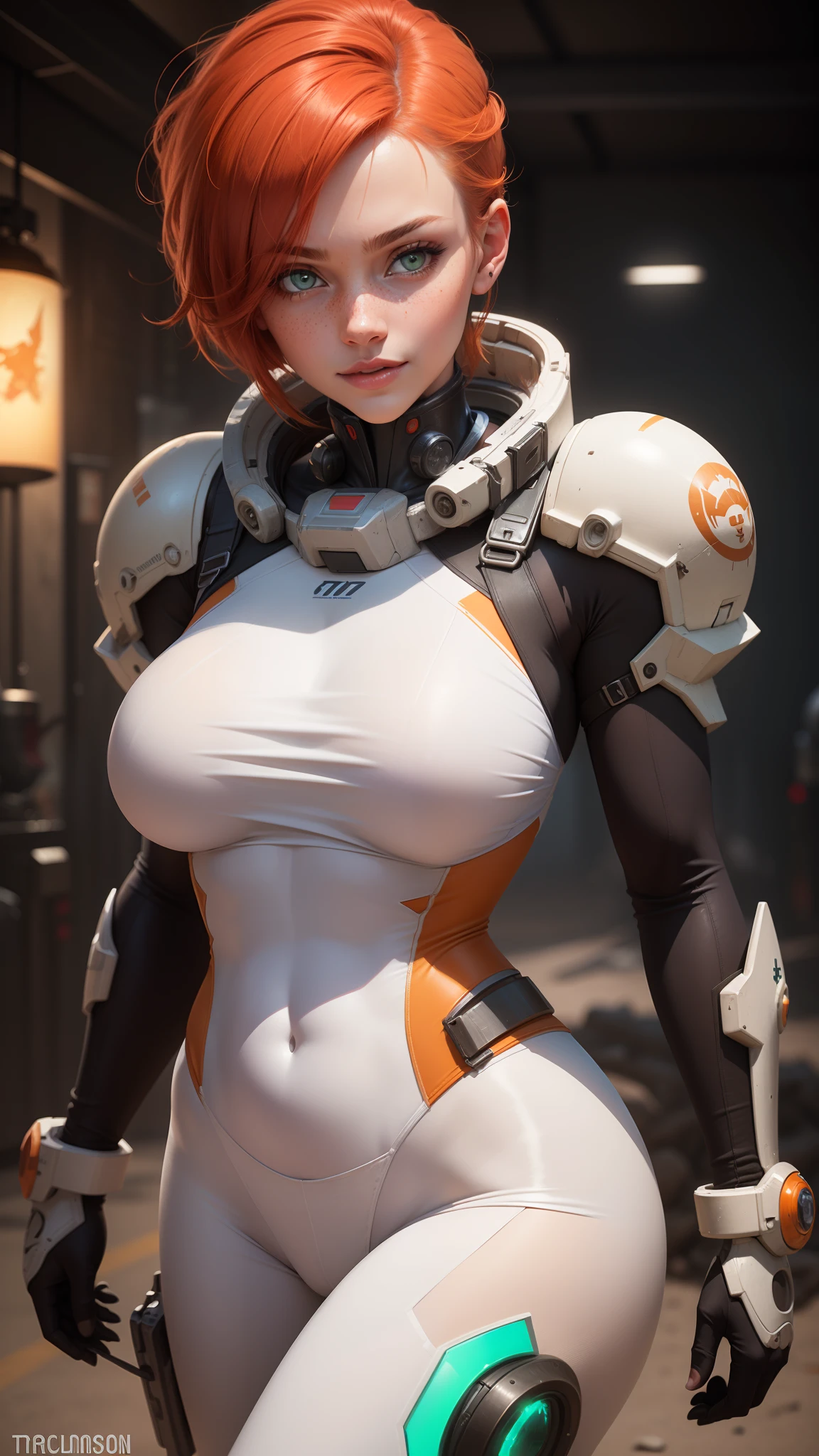 gwen tennyson,tracer,samus,rebecca chambers,overwatch,gundam,1girl,close up,mecha pilot,space port,mecha space suit,space marine,pirate corset,white long sleeve lycra top,wet body,white leggings,short hair,war makeup,green eyes,orange hair,purple highlights,shy smile,freckles,redhead,beautiful girl,large breasts,ultra detailed,realistic,fantasy art,