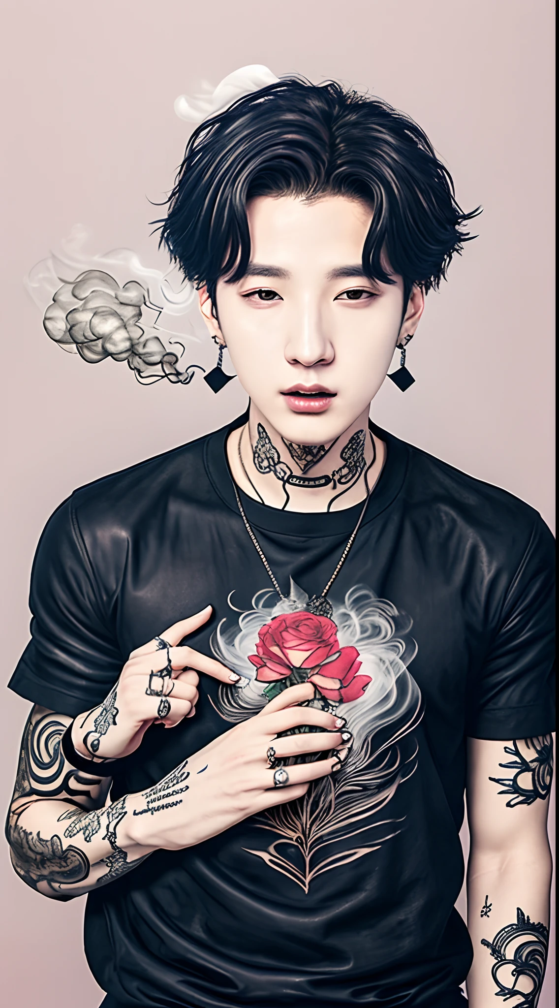 Min yoongi undercut black hair with black clothes, tattoos and a cigarro