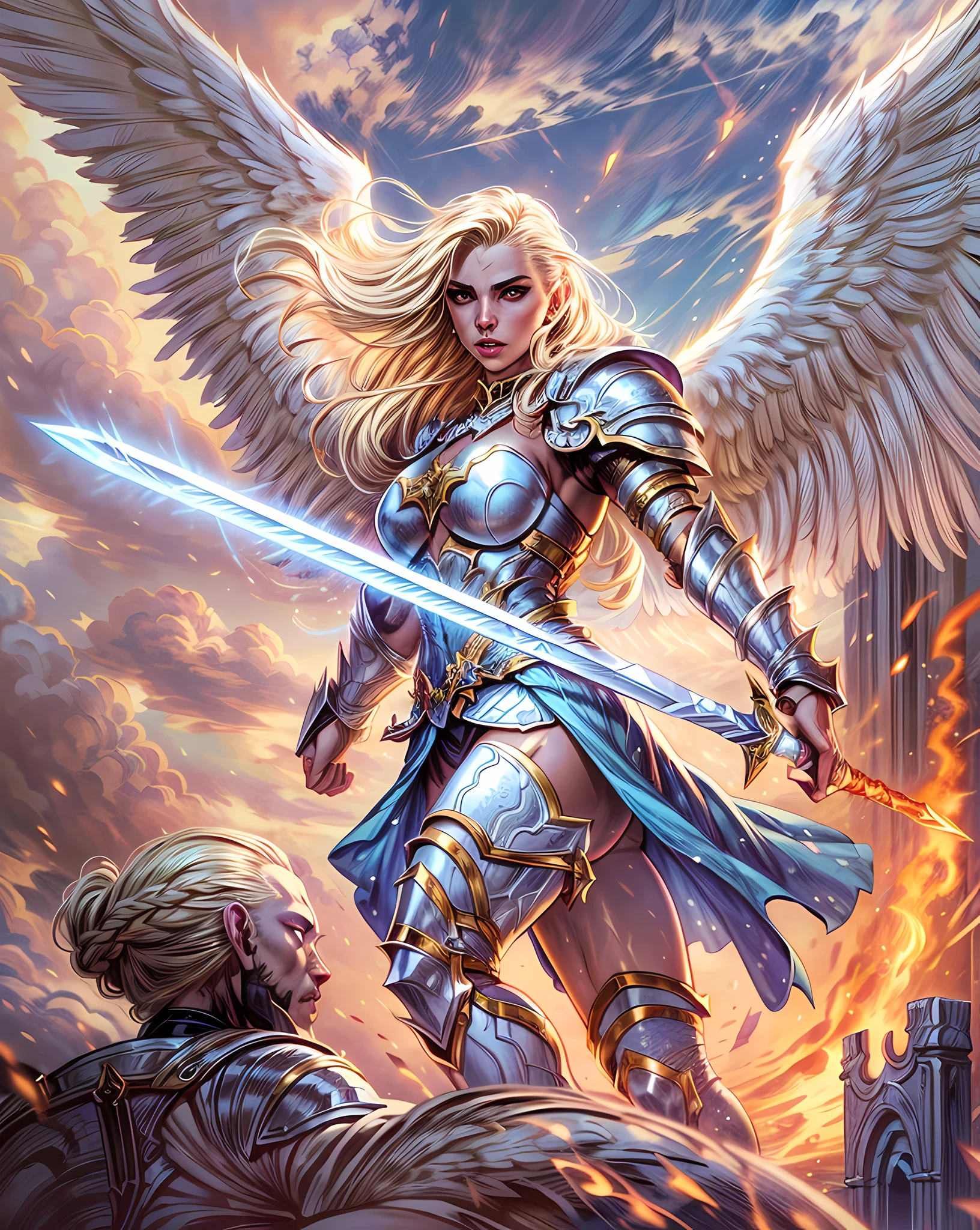 (Comic book cover art: 1.5), an female arch angel preparec for battle, an extremally beautiful warrior angel, ultra feminine, long hair, blond hair, braided hair, wearing divine heavy armor, white armor, (angel wings: 1.2) spread, aremed with fantasysword sword, sword covered with blue fire, ultra wide shot, photorealism, depth of field, hyper realistic, 2.5 rendering,