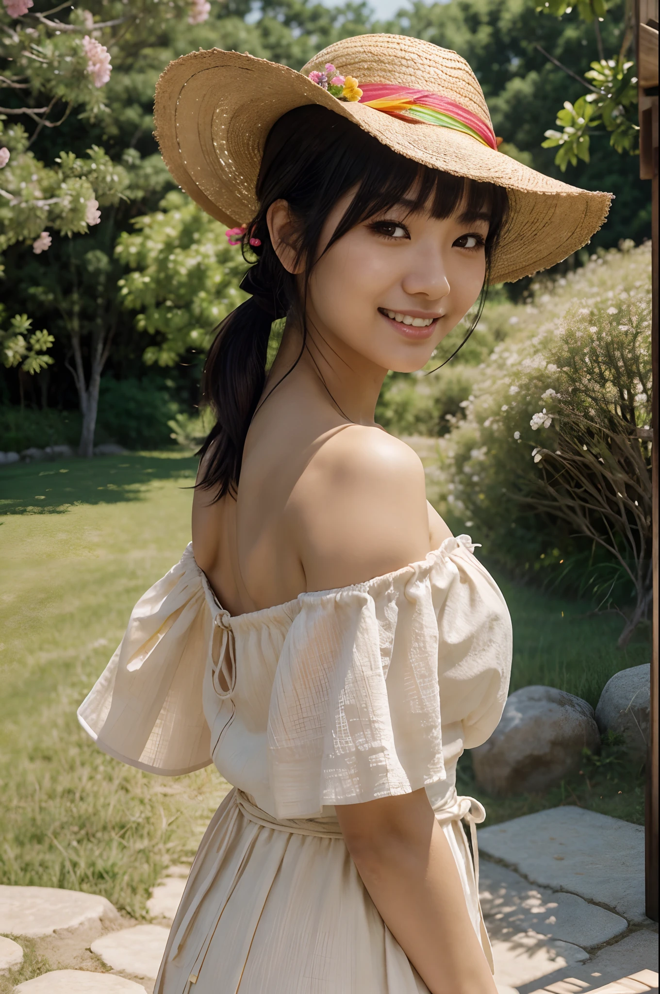 masterpiece, japanese woman, worn out straw hat, windy, short black hair tied up into a ponytail, blush, perfect illumination, light off-shoulder summer dress, sunlight, extremely detailed face, bangs, bright skin, flowers, colorful, big smile, river, boulders, close-up side portrait, outdoors, rural