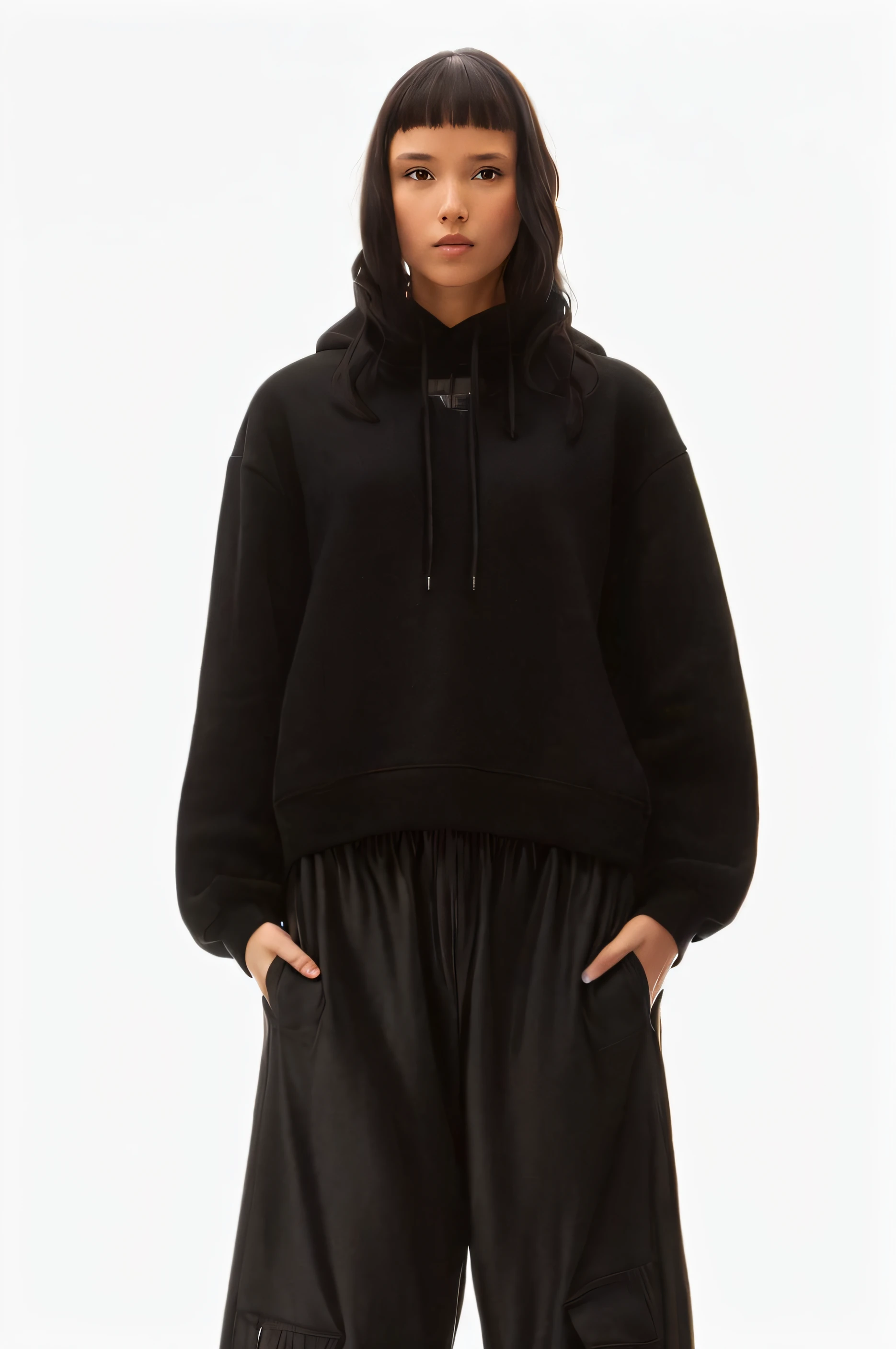 a woman in a black sweatshirt and black pants stands with her hands in her pockets, hodie mihi cras tibi, helmut lang, in a black hoodie, wearing a black hoodie, dressed black hoodie, full product shot, calvin klein, oversized hoodie, inspired by Wang E, hoody, wearing an oversized hoodie, black hoodie techie, black hoodie, skin texture, 4k skin, glowing skin,
