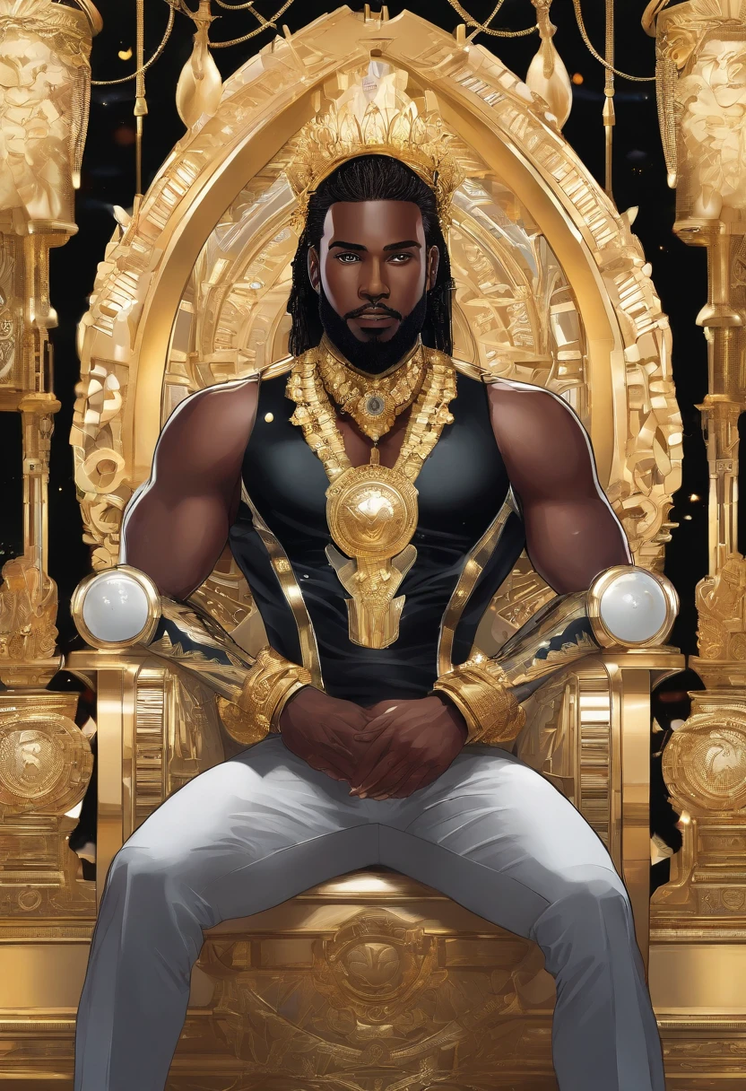 (best quality,realistic:1.37),a dark-skinned man with detailed hair and beard, wearing a black suit, sitting on a throne, depicting financial prosperity,royal presence,majestic posture,a powerful and confident gaze,polished shoes,making money,happy,eyeglasses,shining gold coins,expensive watch,grandiose and luxurious background,adorned with golden ornaments,a crown on his head,proud smile,embodying success and wealth,noble and elegant attire,impressive regal aura.