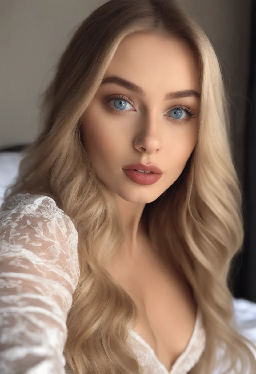 Sexy girl 22 with blue eyes, portrait of Sophie Mudd, blonde hair and big eyes, selfie of a young woman, sucking lightly her finger subtle makeup, photo in the bed looks the camera from above in sexy lingerie with slightly falling breasts