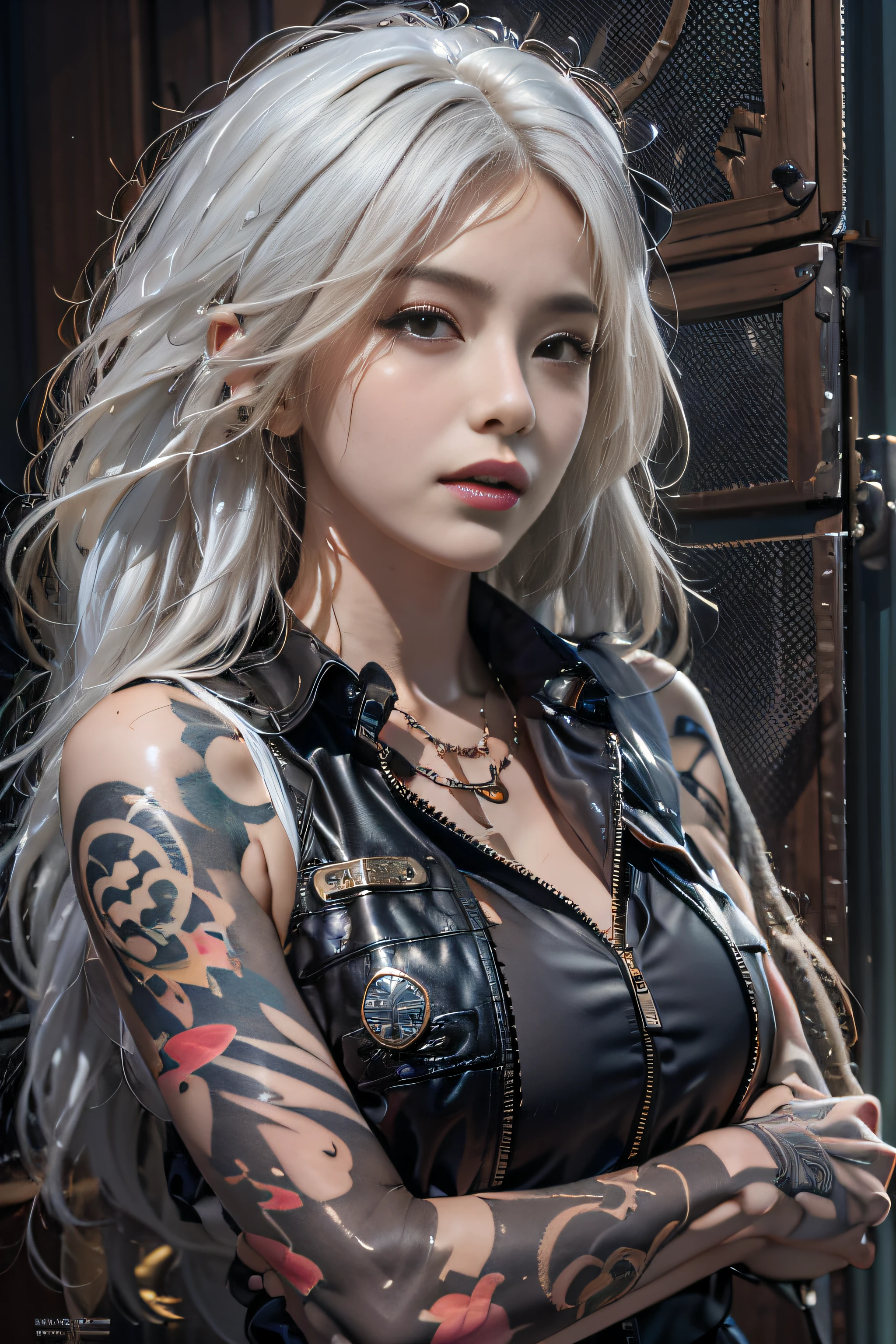 Photorealistic, high resolution, 1womanl, Solo, Hips up, view the viewer, (Detailed face), White hair, Long hair, army suit,short skirt,Tattooed with,Tattooed with,arma,arma, jewelry