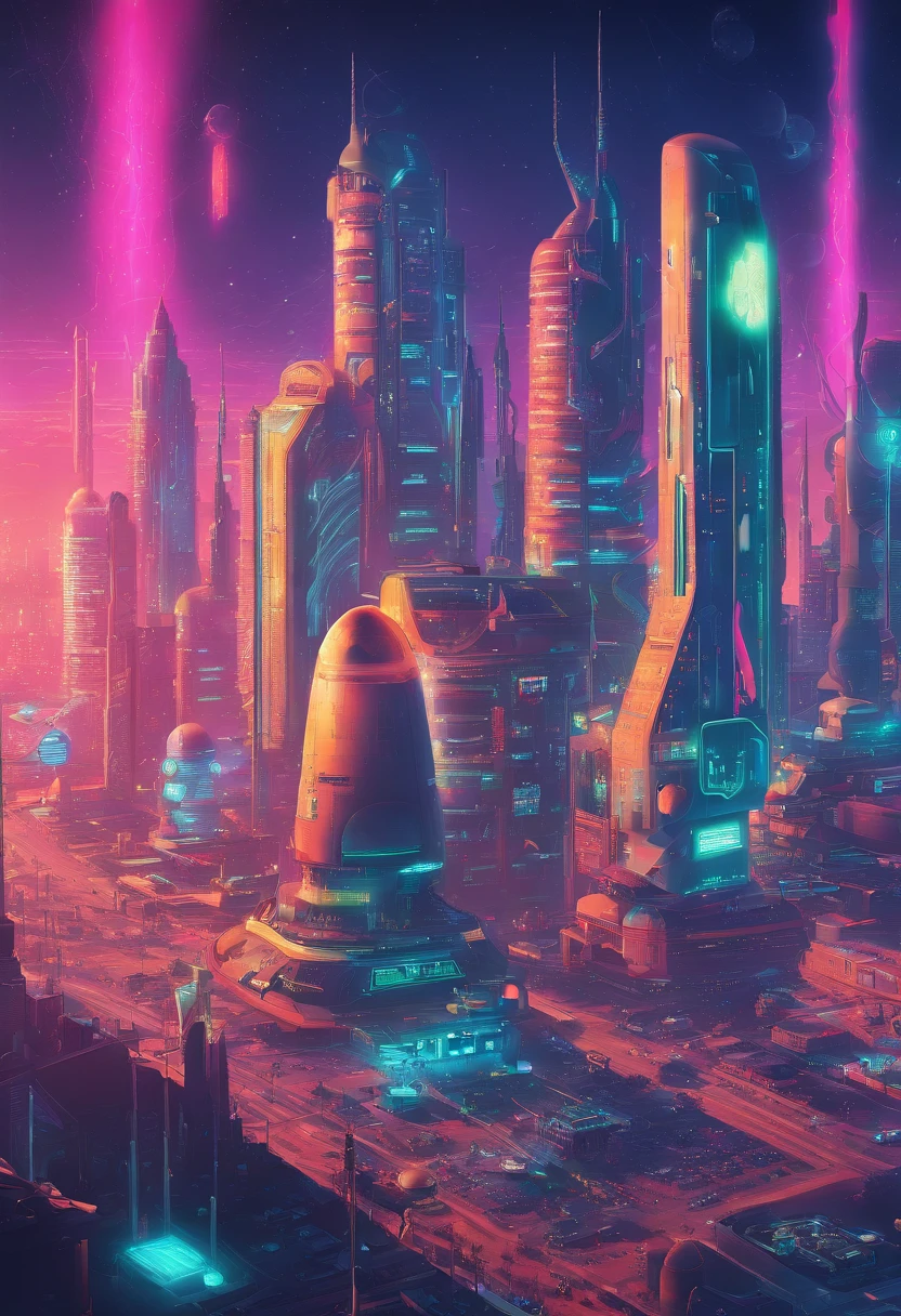 City of Nairobi,retrofuturism,  utopian future, androids,  flying droids, overgrown buildings, winter, (starry night), neon lights,  4k, wallpaper,Science Fiction,Lighting,Environmental Concept Art &amp; Design,Digital 3D,Character Modeling,3D,realistic,textures,cgi,environment,((Simon Stalenhag)),concept,Environmental Concept Art &amp; amp Design,scifi