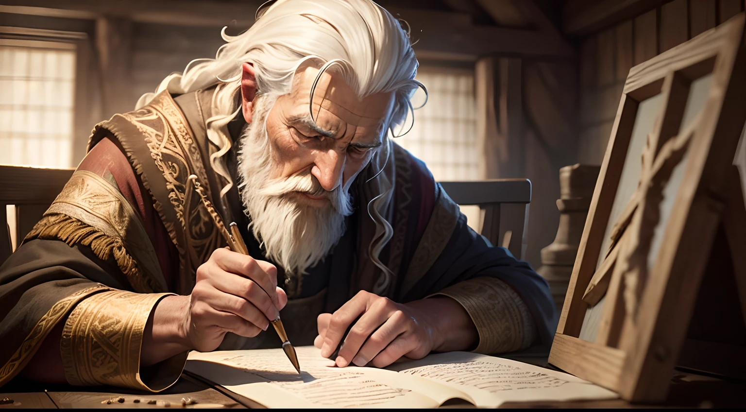 Develop an ultra-realistic image of an Old Testament prophet in a moment of reflection, Imagine him writing a scroll in a rustic setting