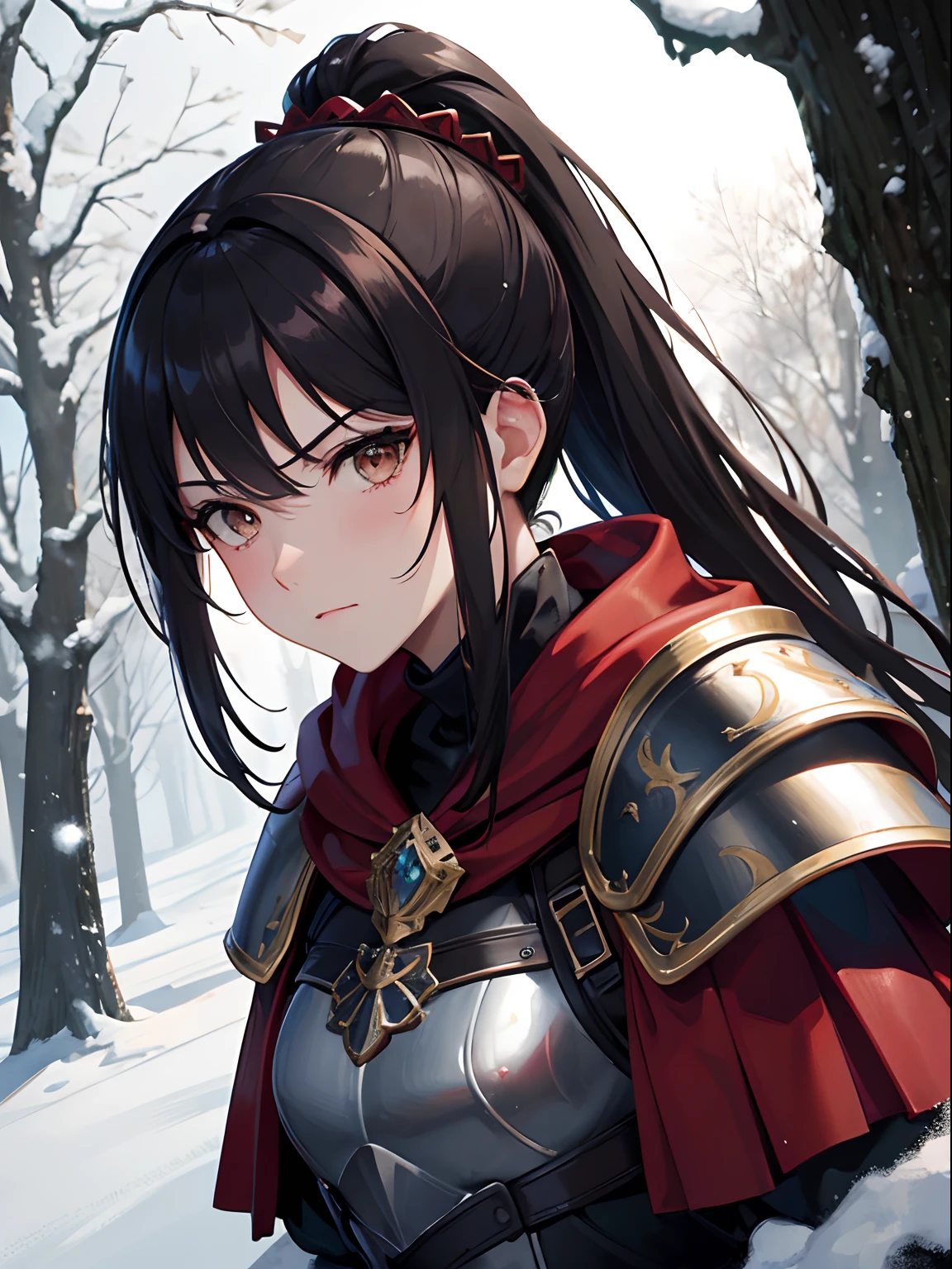 Close up, fantasy world, Roman like, snow, forest, adult woman, judgemental expression, tough look, black hair in ponytail, brown eyes, muscular, imperial medieval armour, steel and leather armour, red cloak, Roman armour