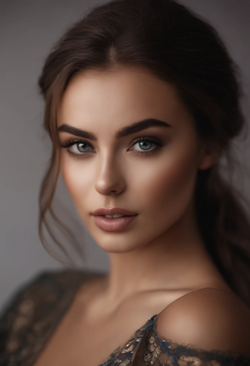 Arafed woman completely , fille sexy aux yeux bruns, ultra realist, Meticulously detailed, Portrait Sophie Mudd, cheveux bruns et grands yeux, selfie of a young woman, Dubai Eyes, Violet Myers, sans maquillage, maquillage naturel, looking straight at camera, Visage avec Artgram, Maquillage subtil, Great photo of the whole body kneeling on the bed, au salon, Medium to large bust