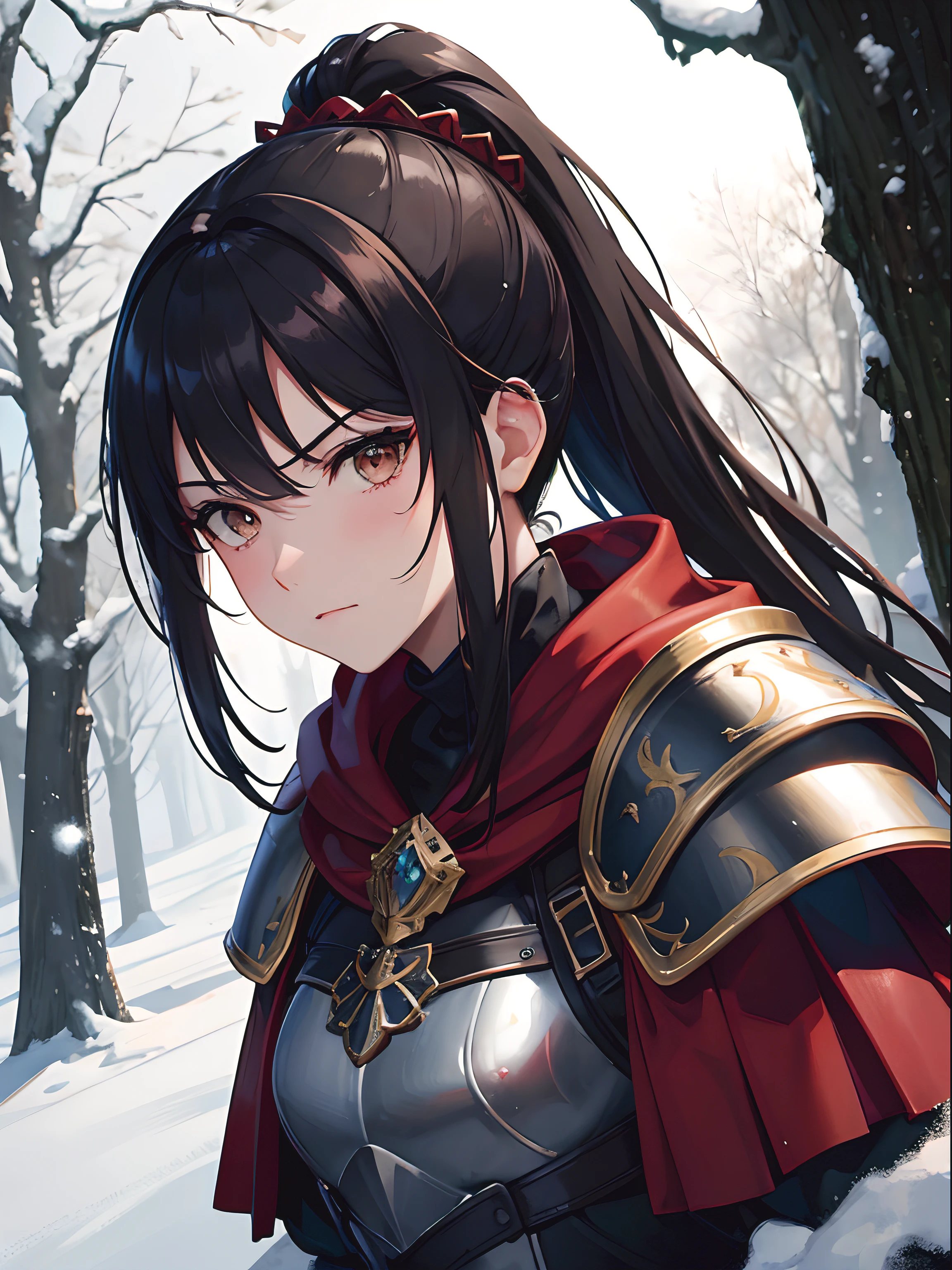 Close up, fantasy world, Roman like, snow, forest, adult woman, judgemental expression, tough look, black hair in ponytail, brown eyes, muscular, imperial medieval armour, steel and leather armour, red cloak, Roman armour
