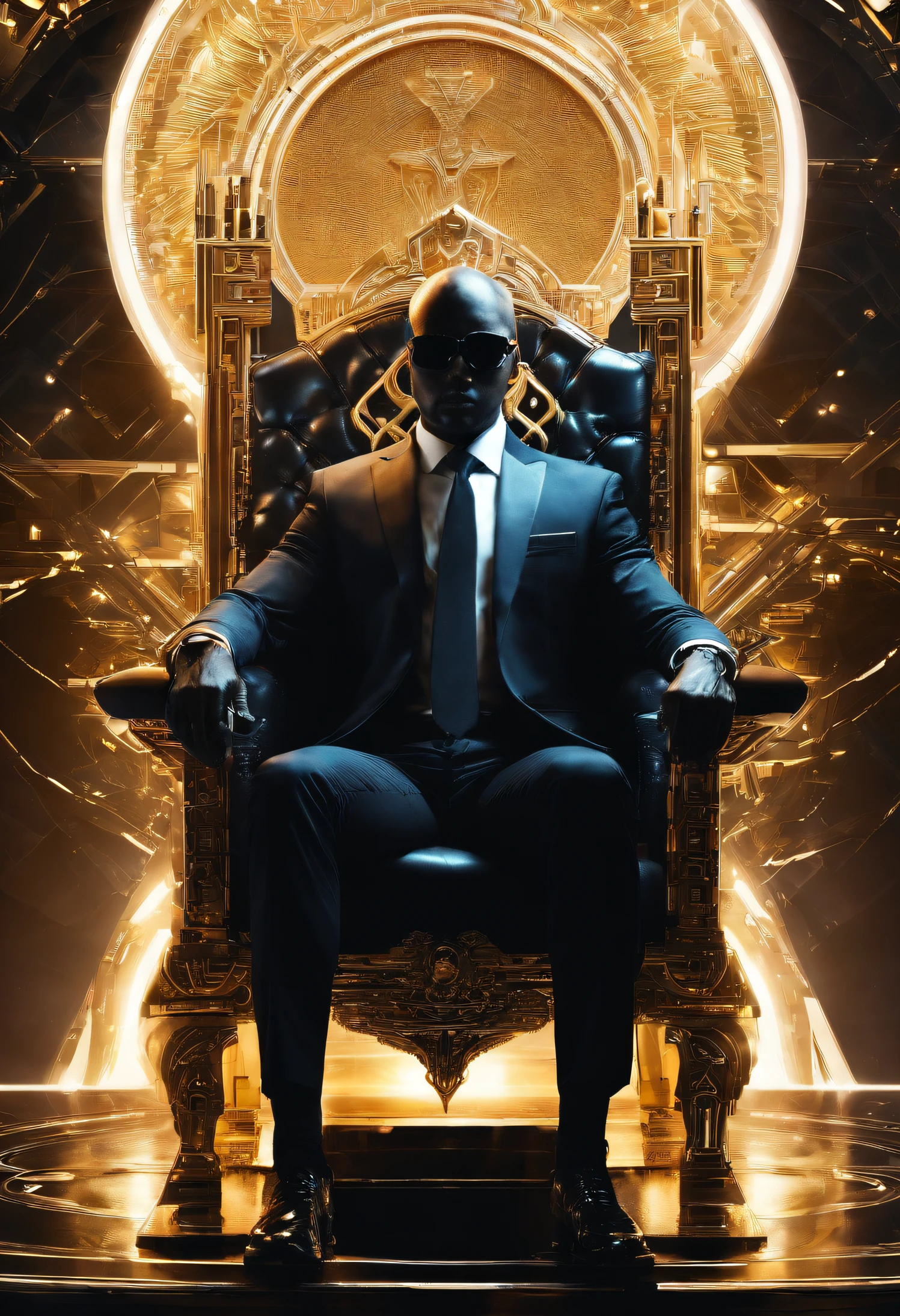 (a dark man),(black suit),(sitting on a throne),(symbolizes financial prosperity),(detailed and regal throne),(serious and confident expression),(luxurious background),(golden accents),(expensive textures),(best quality, highres, realistic),(studio lighting),(vivid colors),(sharp focus)