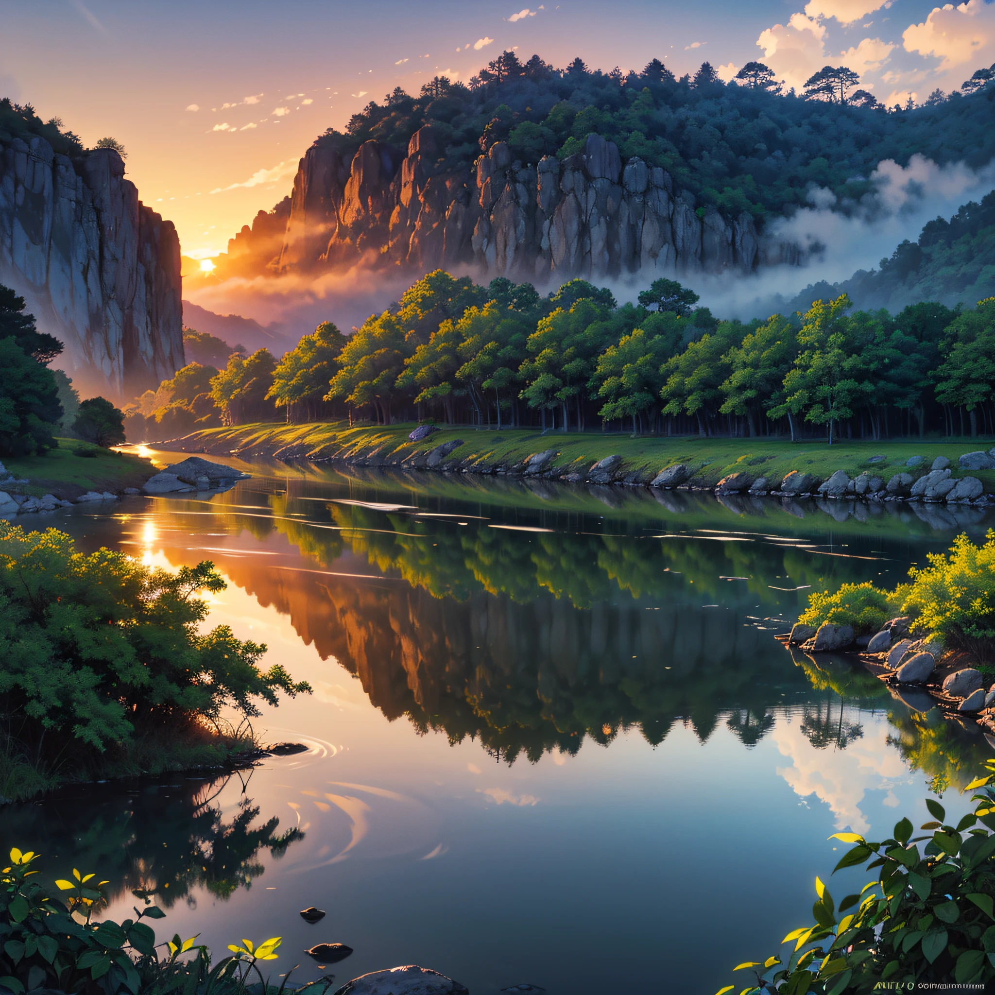 (melhor qualidade,4k,8k,Altas,master part:1.2),ultra-detalhado,(Realistic,fotorrealista,photo-realistic:1.37),beautiful colorful sunset,Paisagem serena da montanha,rio Calmoo fluindo,Raios dourados da luz solar,reflecting on the surface of the water,[Calmo],[Montanhas majestosas],[luscious greenery],pinheiros altos,breathtaking view with vibrant colors and warm tones,soft smooth lighting,hint of mist in the air,Subtle ripples in the river,harmonia entre os elementos da natureza,feeling of calm and serenity,Pure and immaculate scenery