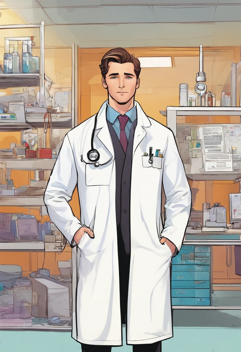 Liam in a white coat, surrounded by medical equipment in a hospital, showcasing his achievements as a renowned doctor.