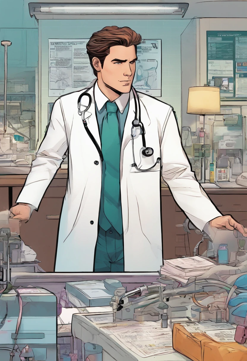 Liam in a white coat, surrounded by medical equipment in a hospital, showcasing his achievements as a renowned doctor.