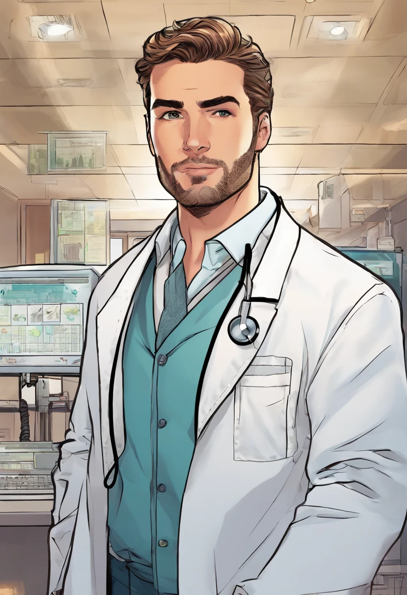 Liam in a white coat, surrounded by medical equipment in a hospital, showcasing his achievements as a renowned doctor.
