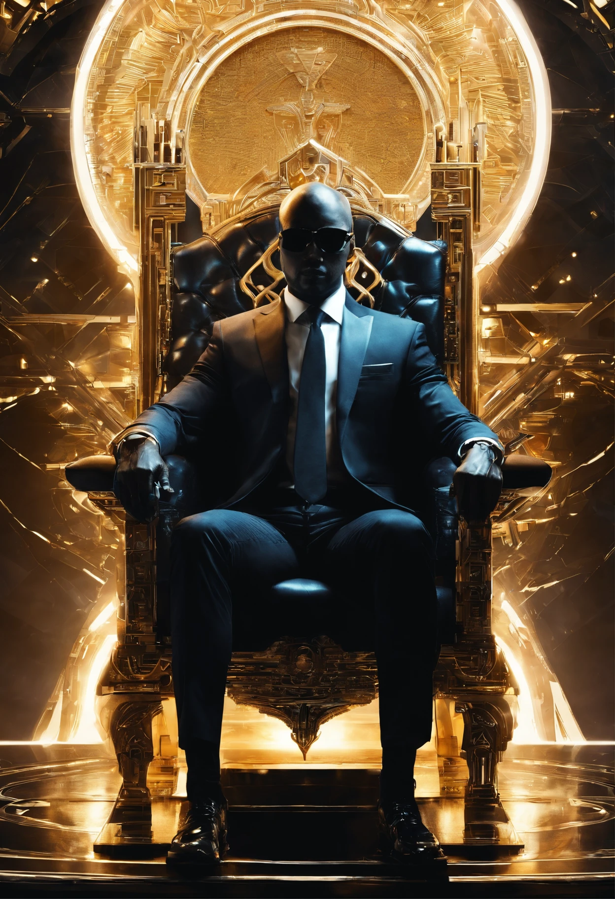 (a dark man),(black suit),(sitting on a throne),(symbolizes financial prosperity),(detailed and regal throne),(serious and confident expression),(luxurious background),(golden accents),(expensive textures),(best quality, highres, realistic),(studio lighting),(vivid colors),(sharp focus)