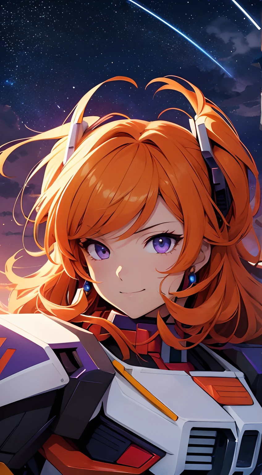 Masterpiece, top quality, 1 anime girl, Beautiful view , orange hair, purple eyes , on the space , Big mobile suit ((Gundam)) view as background , super detail, 4k wallpaper , Beautiful smile ,black pupils, Beautiful night sky, Wearing armor ,full view, detail face