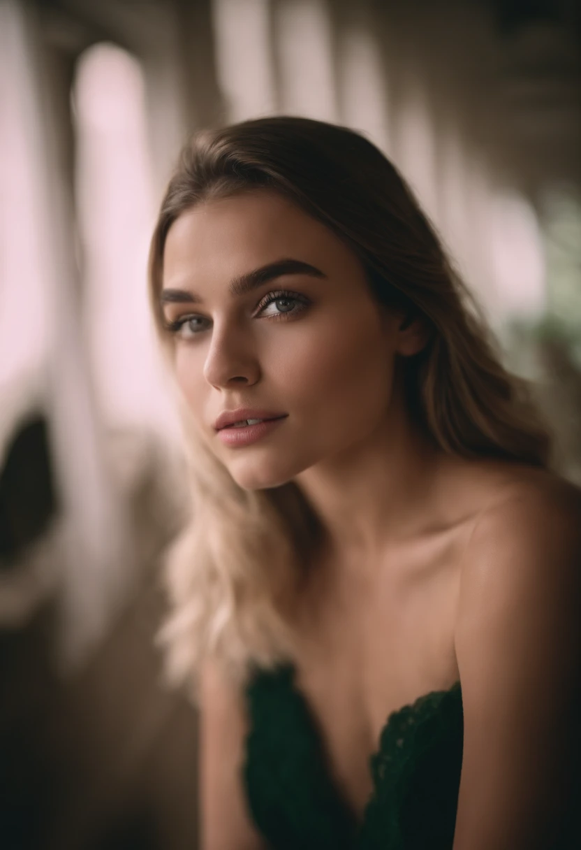 Menina de 18 anos, cabelos ondulados castanhos claros, olhos verdes, Rosto detalhado, Detailed lips, Olhos detalhados, saia Rosa, e espartilho branco em renda, nude