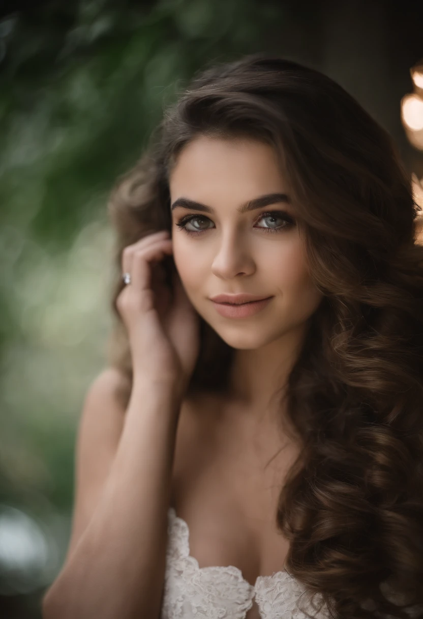 Menina de 18 anos, cabelos ondulados castanhos claros, olhos verdes, Rosto detalhado, Detailed lips, Olhos detalhados, saia Rosa, e espartilho branco em renda, nude