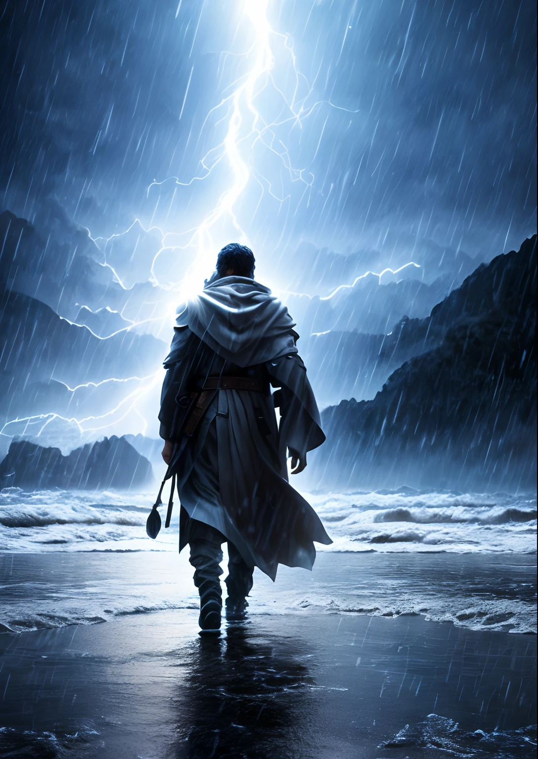 Prophet walking on water in a storm, gentle expression, streaks of light coming down from the sky, masterpiece, highest quality, high quality, highly detailed CG unit 8k wallpaper, award-winning photos, bokeh, depth of field, HDR, bloom, chromatic aberration, realistic, very detailed, trending at artstation, trending at CGsociety, complex, high detail, dramatic, mid-journey art, volumetric lighting