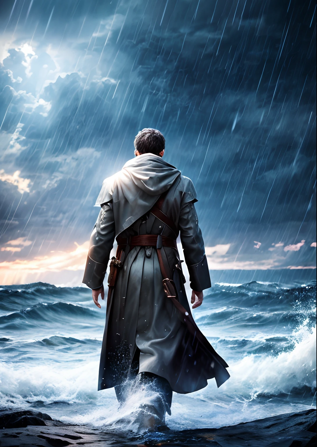Prophet walking on water in a storm, gentle expression, streaks of light coming down from the sky, masterpiece, highest quality, high quality, highly detailed CG unit 8k wallpaper, award-winning photos, bokeh, depth of field, HDR, bloom, chromatic aberration, realistic, very detailed, trending at artstation, trending at CGsociety, complex, high detail, dramatic, mid-journey art, volumetric lighting