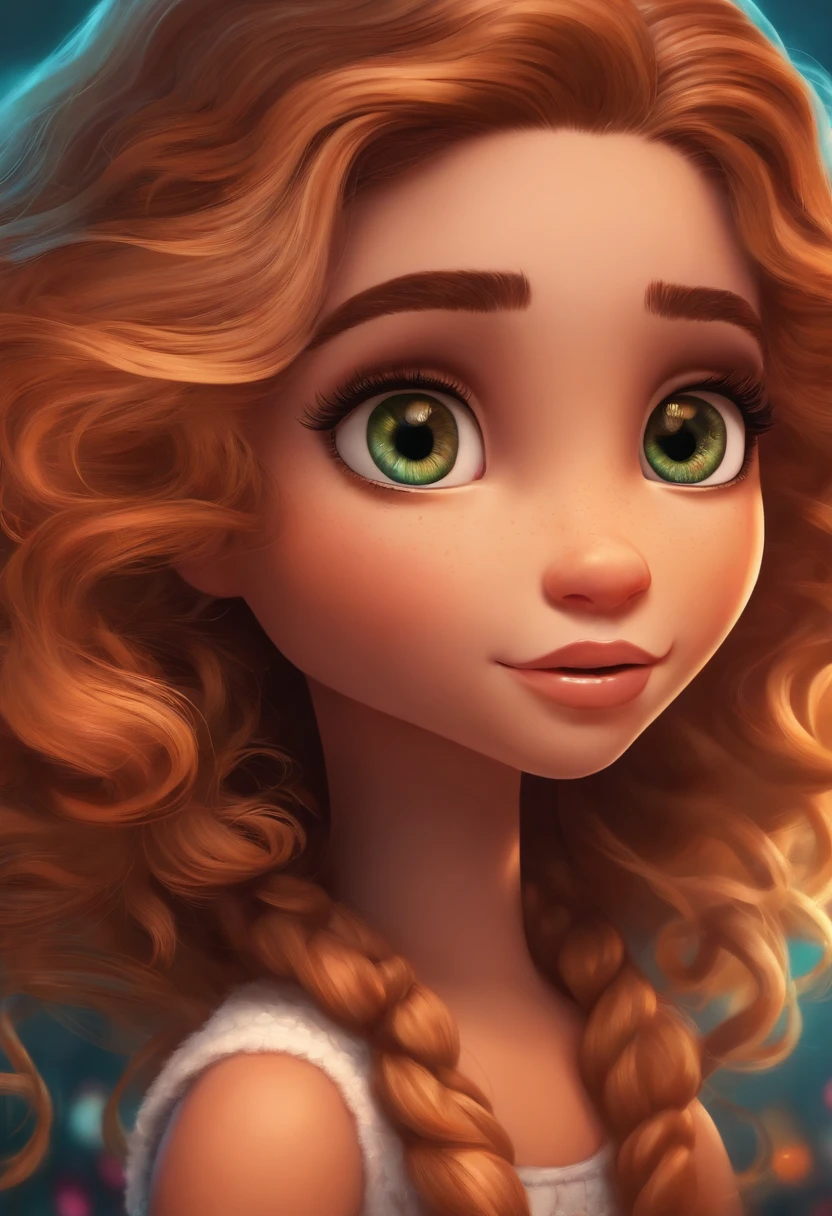 menina de 10 anos, cabelos compridos e ondulados, olhos castanhos em cartoon