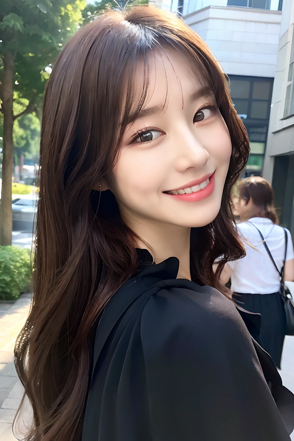 ((Best quality, 8k, Masterpiece :1.3)), 1girl, smiling, full body, slim face, Pretty woman, (Dark brown hair), full length dress :1.1, Ultra-detailed face, Detailed eyes, Double eyelid, blur background, slim face, city, outside, street,