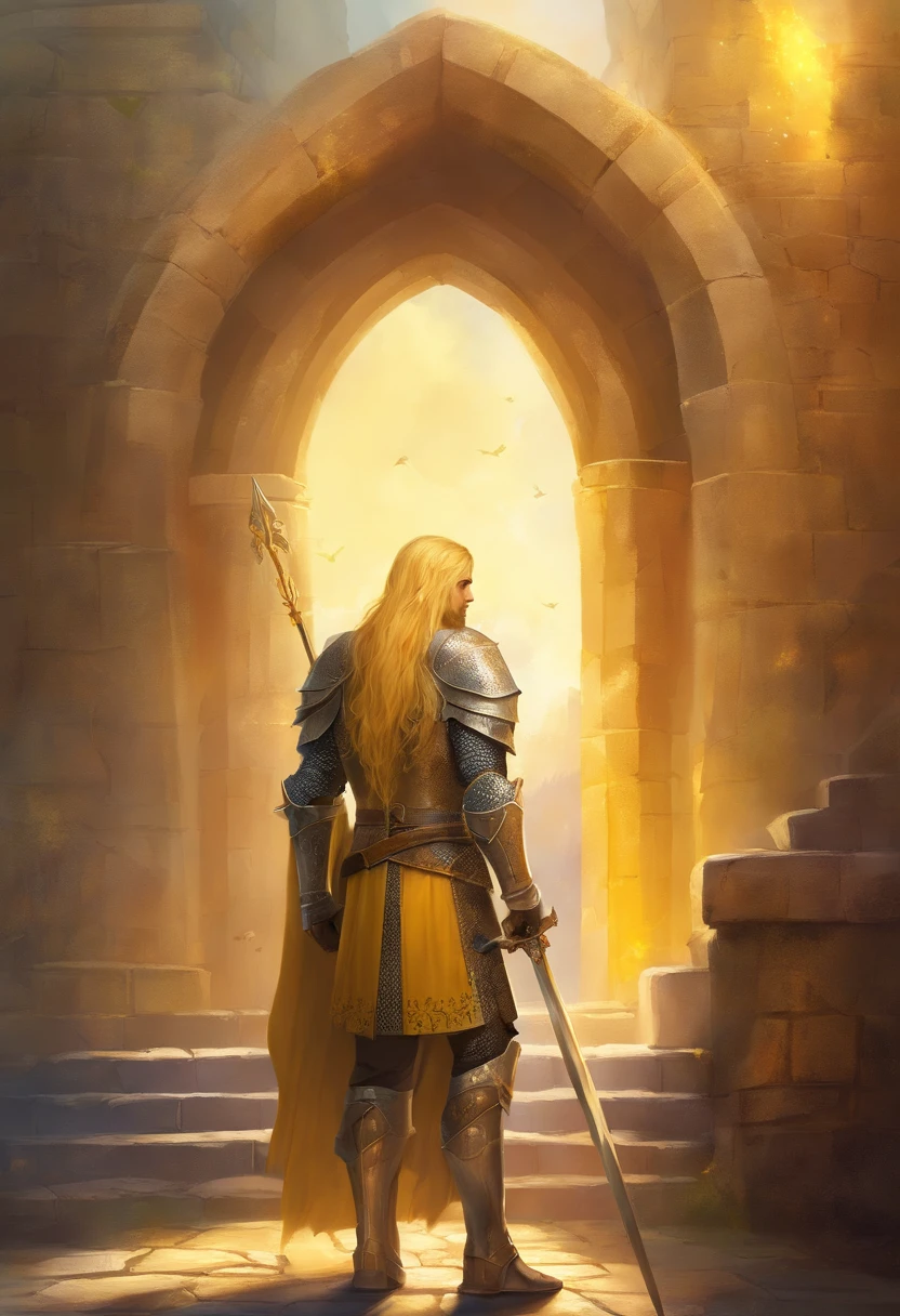 Medieval fortress. Knight with long yellow hair, yellow armor. He stands in front of the fortress door