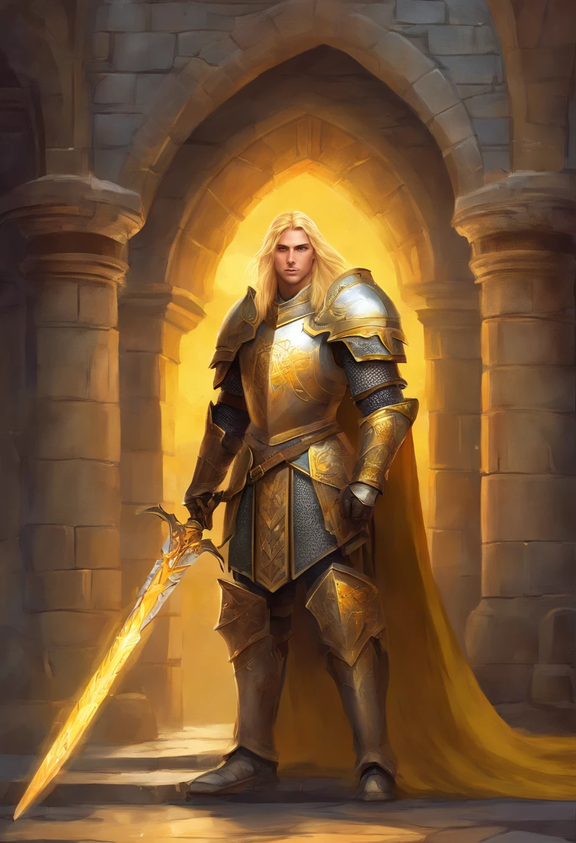 Medieval fortress. Knight with long yellow hair, yellow armor. He stands in front of the fortress door