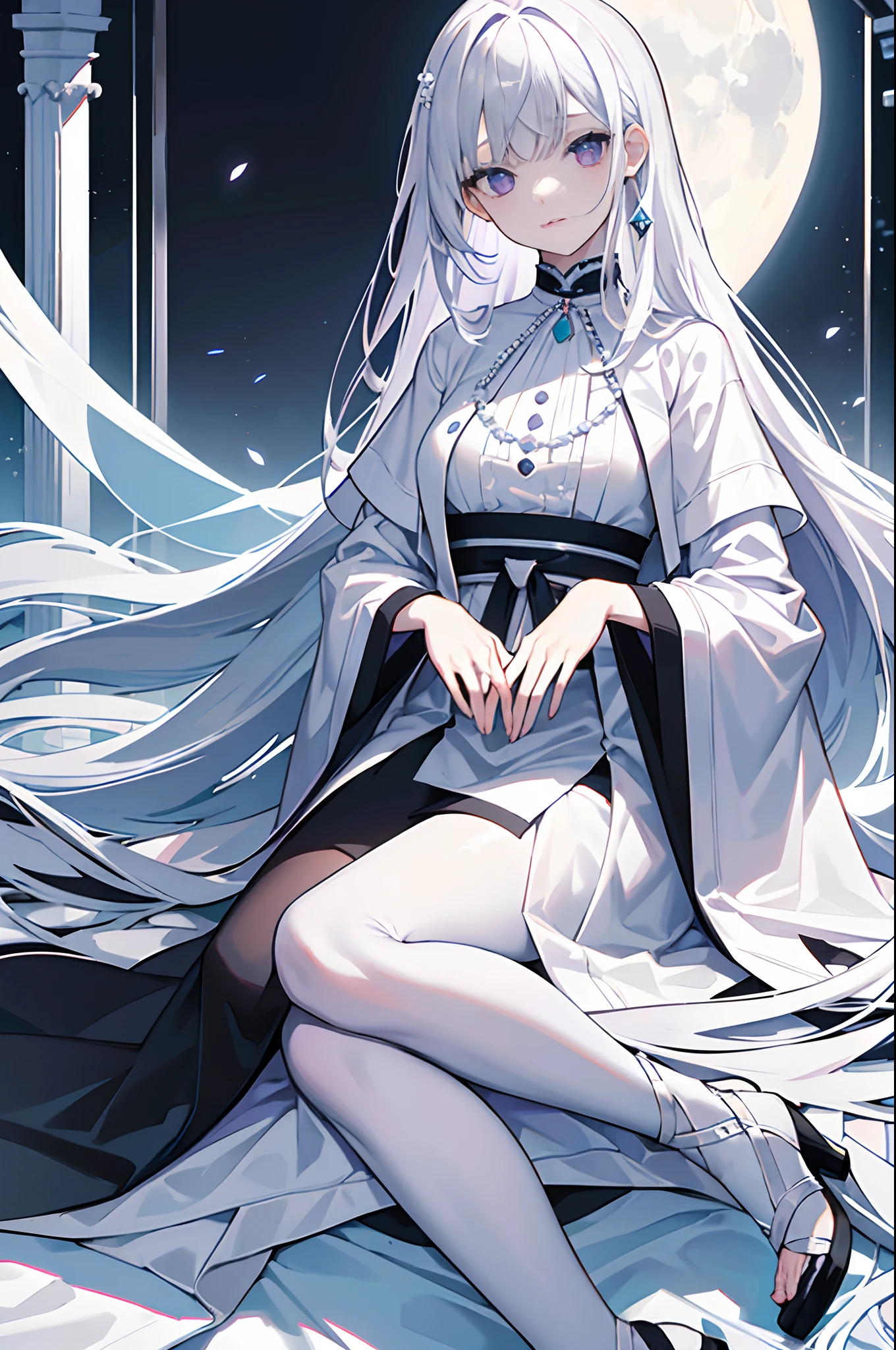 (Best quality, highest resolution, 8k, full-body picture, 1 girl, young girl, masterpiece, solo), white hair, long straight hair, (purple side_bangs), (white hair with black fringes), (violet eyes, expressionless face, oval head), big white pearls as accessories, white pearls necklace, intricate white robe, marble ruins in background, shades of grey and azure