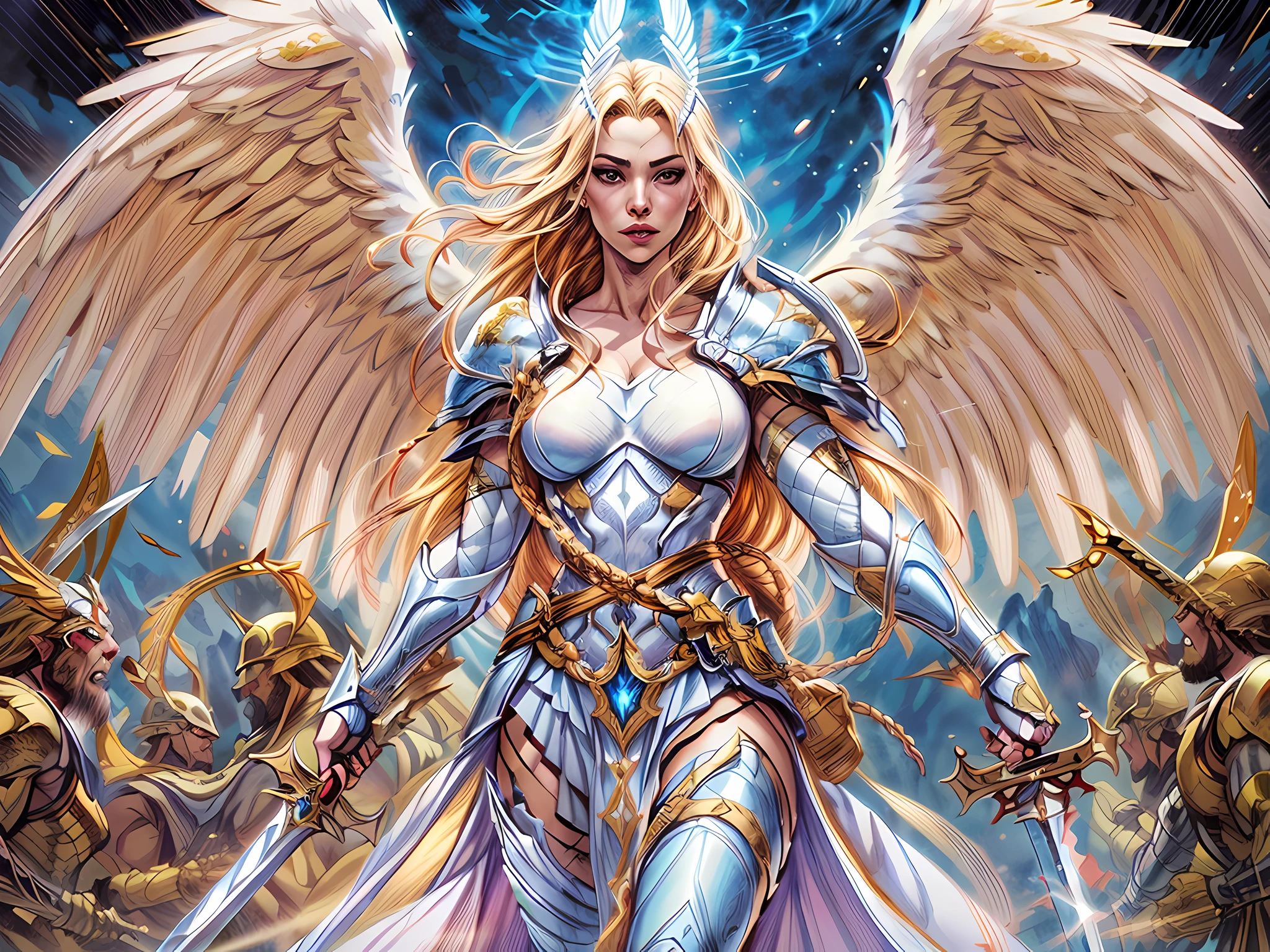(Comic book cover art: 1.5), an female arch angel preparec for battle, an extremally beautiful warrior angel, ultra feminine, long hair, blond hair, braided hair, wearing divine heavy armor, white armor, (angel wings: 1.2) spread, aremed with fantasysword sword, sword covered with blue fire, ultra wide shot, photorealism, depth of field, hyper realistic, 2.5 rendering,