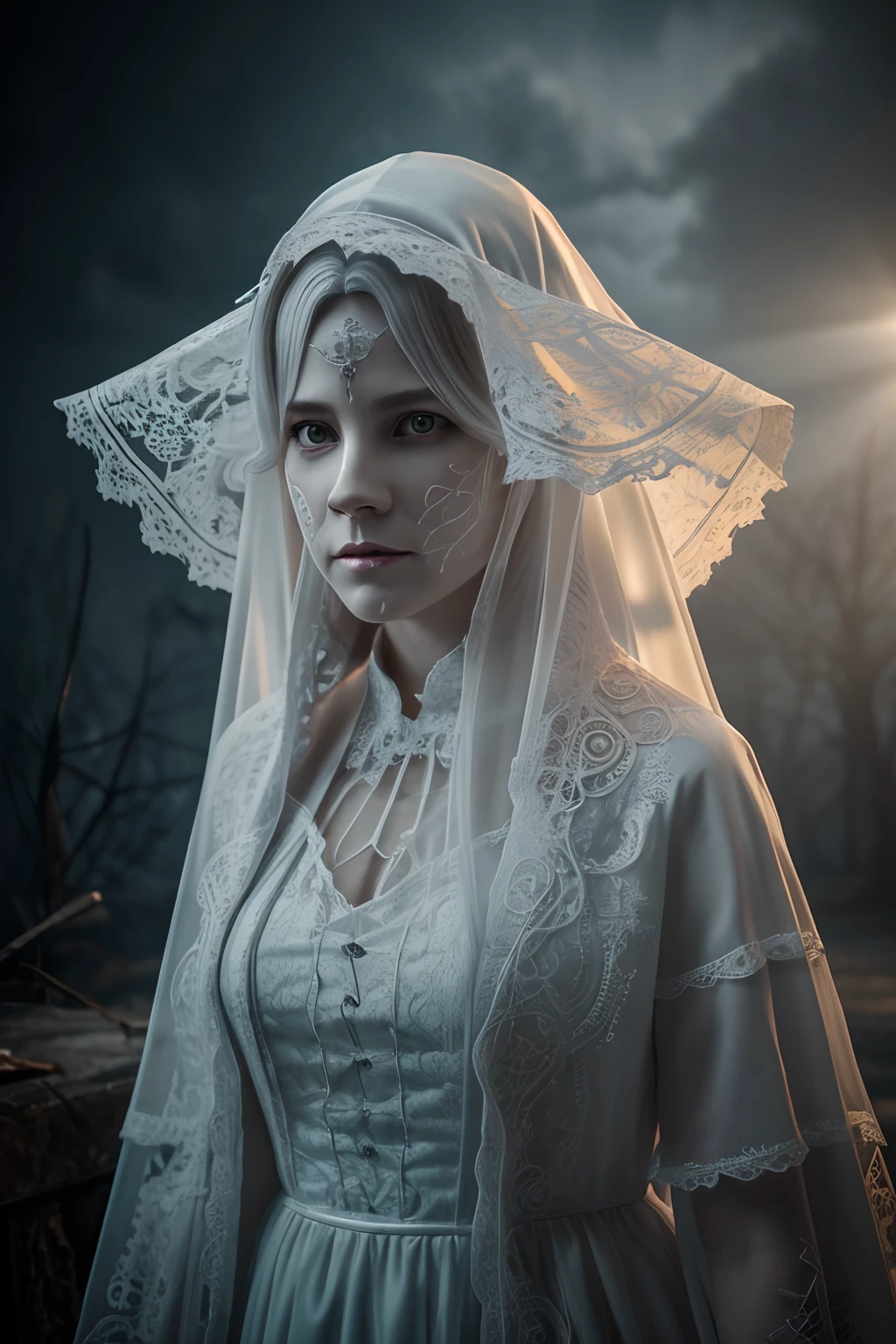 Highly detailed image of a white haunting ghost, terrifying atmosphere, halloween, photography, photorealistic, art station, soft pastel colours, highly detailed, intricate, path tracing, illustration, insanely detailed, shadow mapping volumetric light, specular lighting