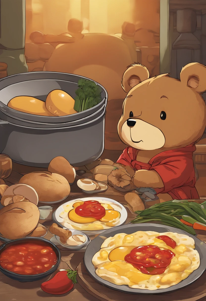 Album Cover doom 2 game Children's breakfast in a frying pan, bear with ears cut out of a piece of bread dough, eyes consist of scrambled eggs, fresh vegetables, a little ketchup, cute Japanese style, rich texture