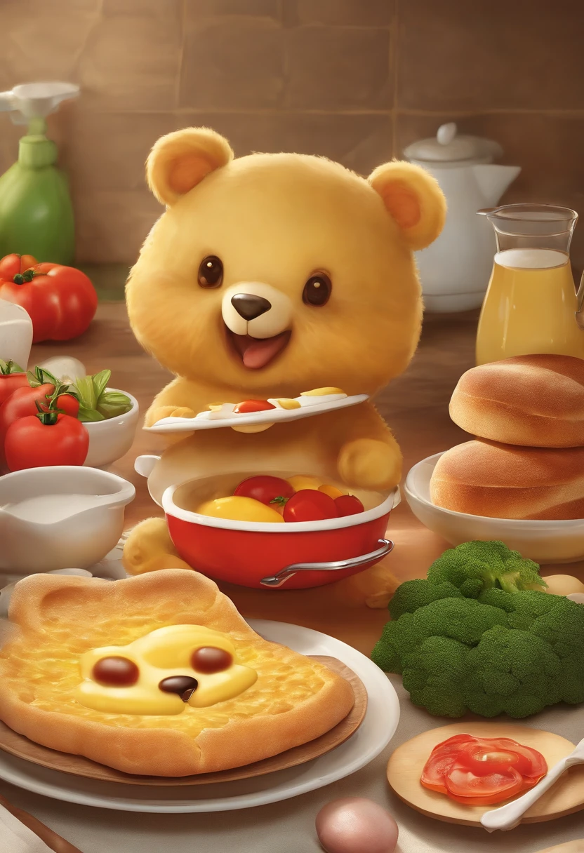 Album Cover doom 2 game Children's breakfast in a frying pan, bear with ears cut out of a piece of bread dough, eyes consist of scrambled eggs, fresh vegetables, a little ketchup, cute Japanese style, rich texture