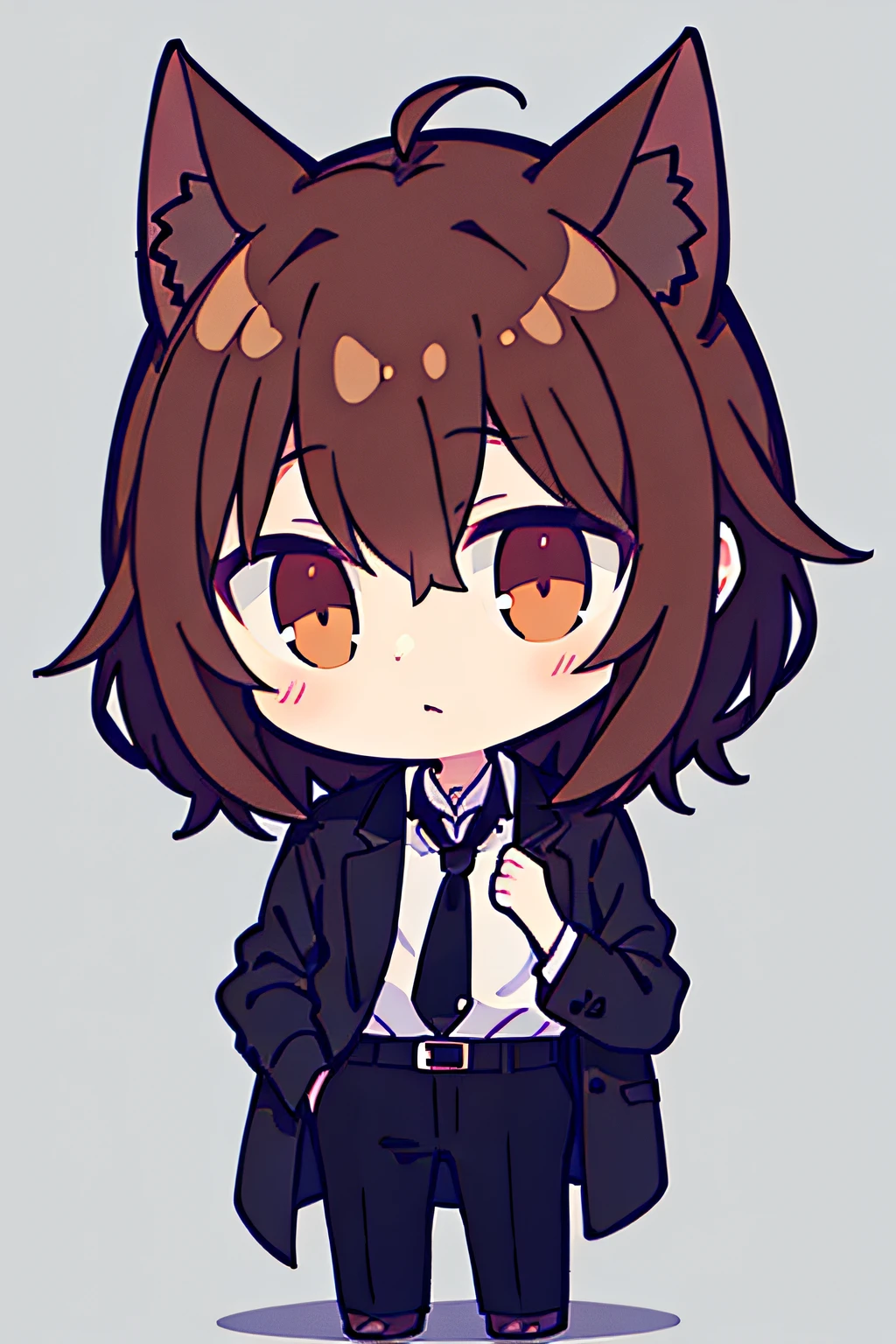 1man, brown hair, brown cat ears, black button up shirt, black pants, full body, one hand holding shirt, white plain background