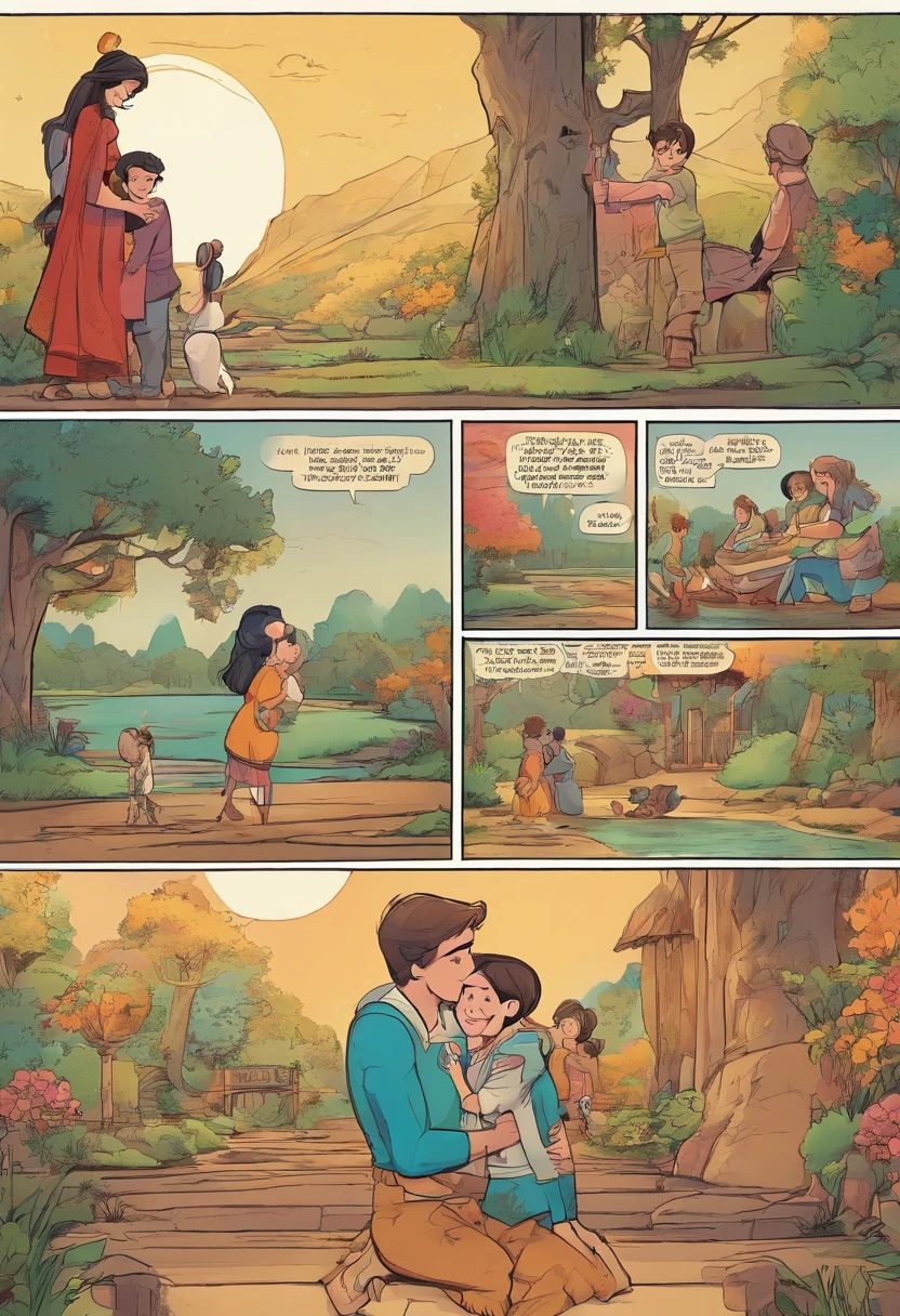 A heartwarming family reunion with mother, Ethan, and Liam embracing, symbolizing their love and gratitude, disney style, vibrant colors