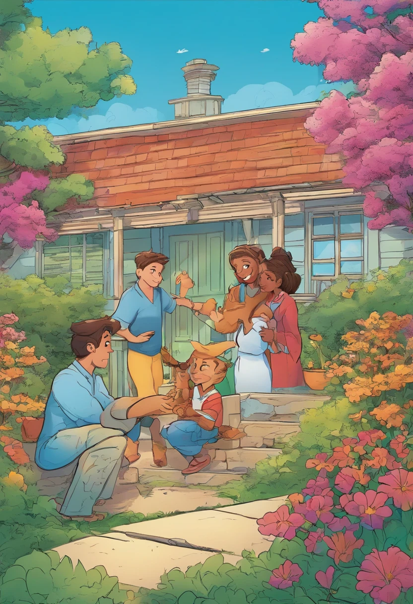 A heartwarming family reunion with mother, Ethan, and Liam embracing, symbolizing their love and gratitude, disney style, vibrant colors