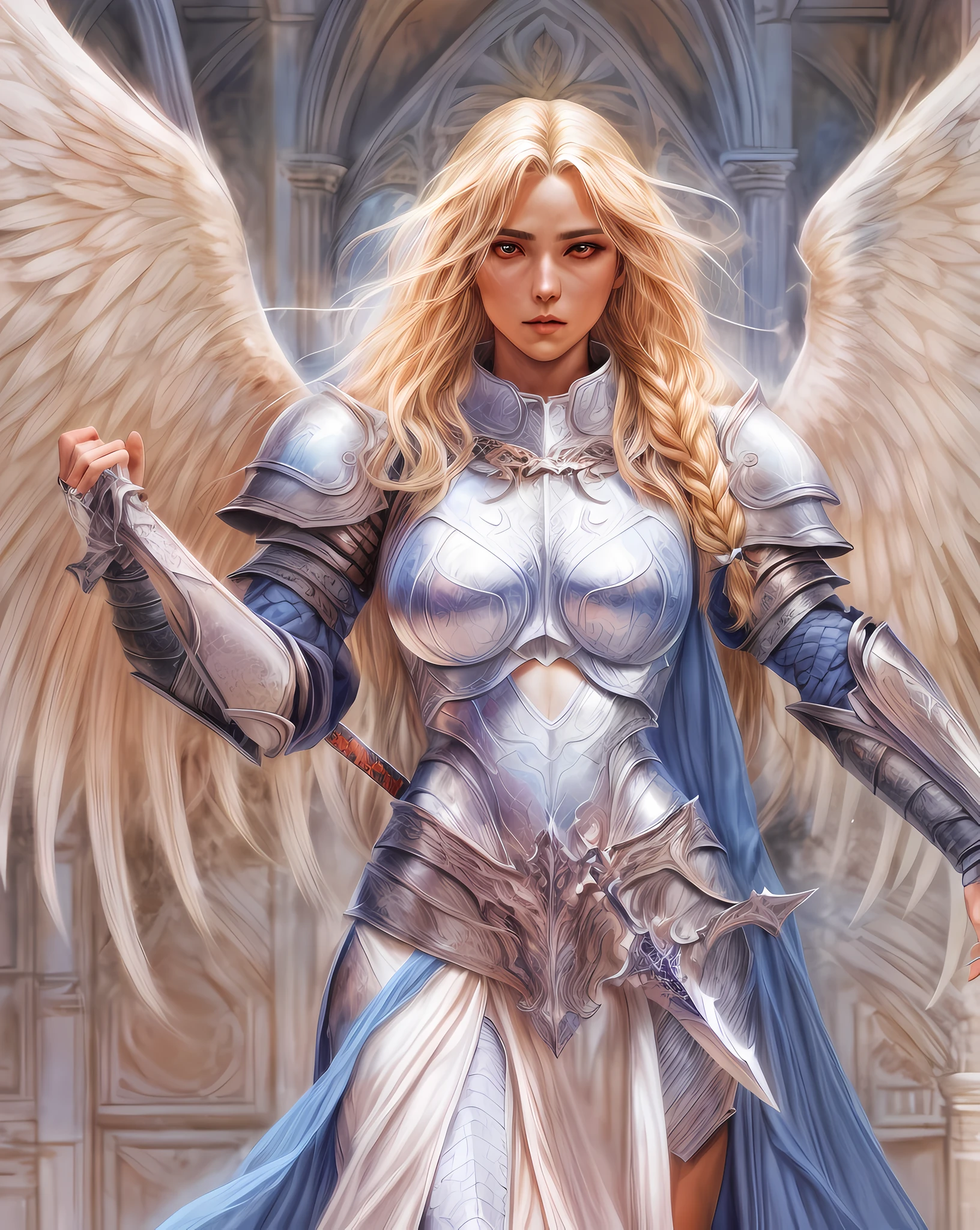 (Comic book cover art: 1.5), an female archangel prepared for battle, an extremally beautiful warrior angel, ultra feminine, long hair, blond hair, braided hair, wearing divine heavy armor, (white armor: 1.2), (angel wings: 1.2) spread, aremed with fantasysword sword, sword covered with blue fire, ultra wide shot, photorealism, depth of field, hyper realistic, 2.5 rendering,