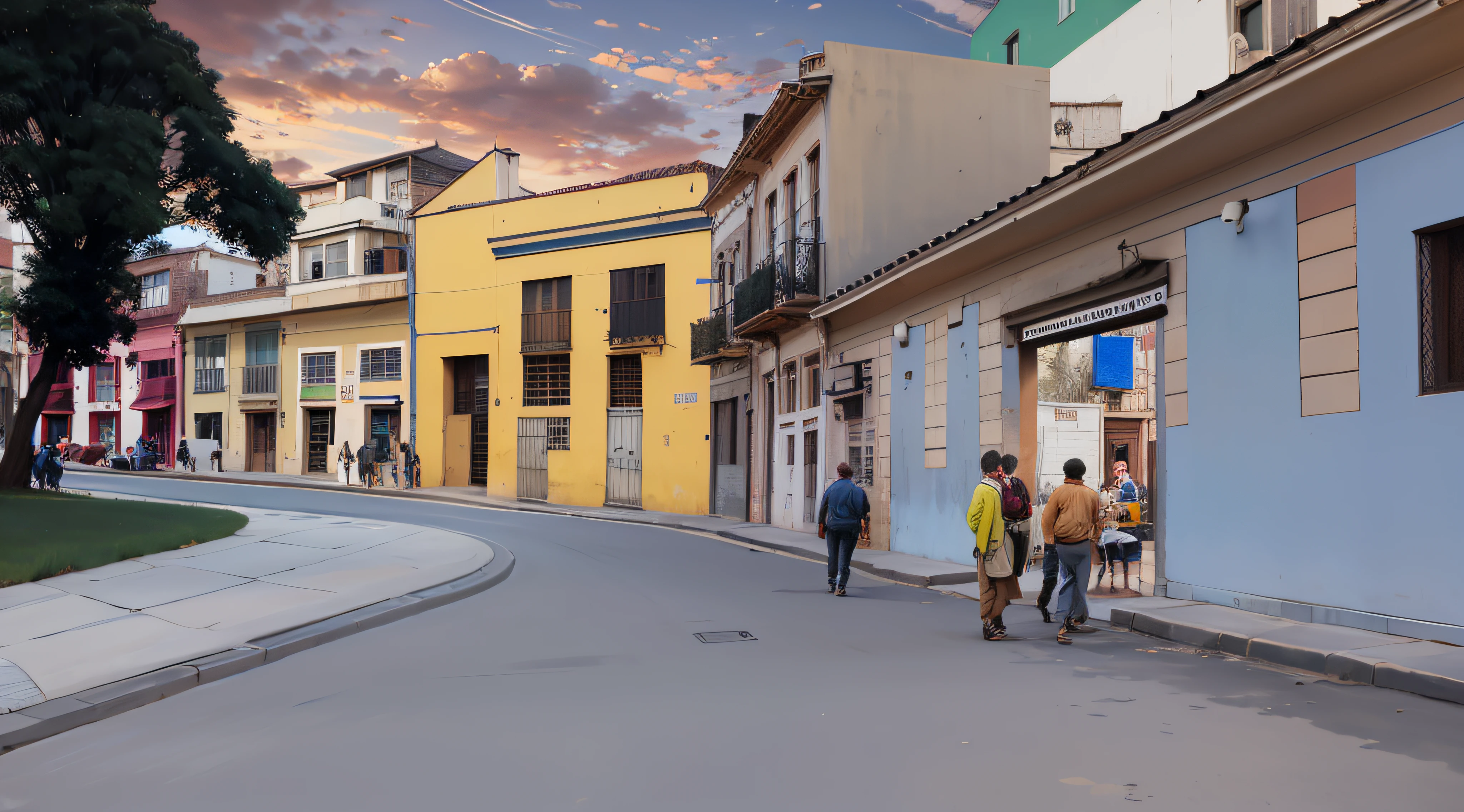 painting of a street scene with people walking down the street, photorealistic streetscape, street level view, colonial era street, by Julio González, by Hugo Sánchez Bonilla, streetscape, by Félix Arauz, by Francisco Zúñiga, by Matteo Pérez, by Pedro Álvarez Castelló, Ignacio Fernandez Rios "